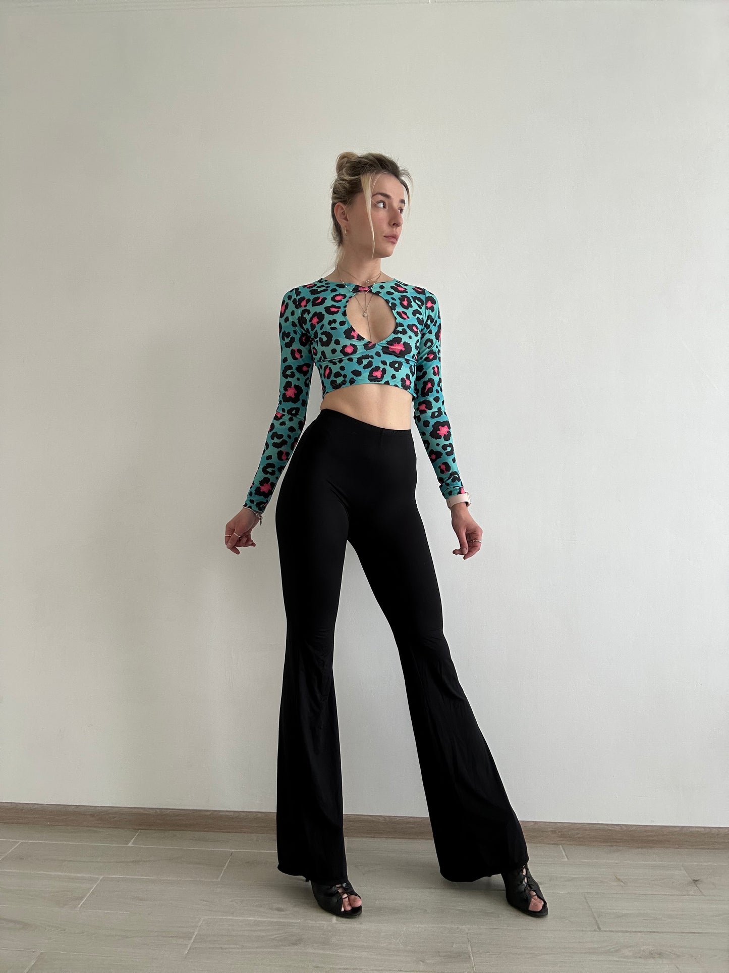 Blue Leopard Print Cut Out Crop Top