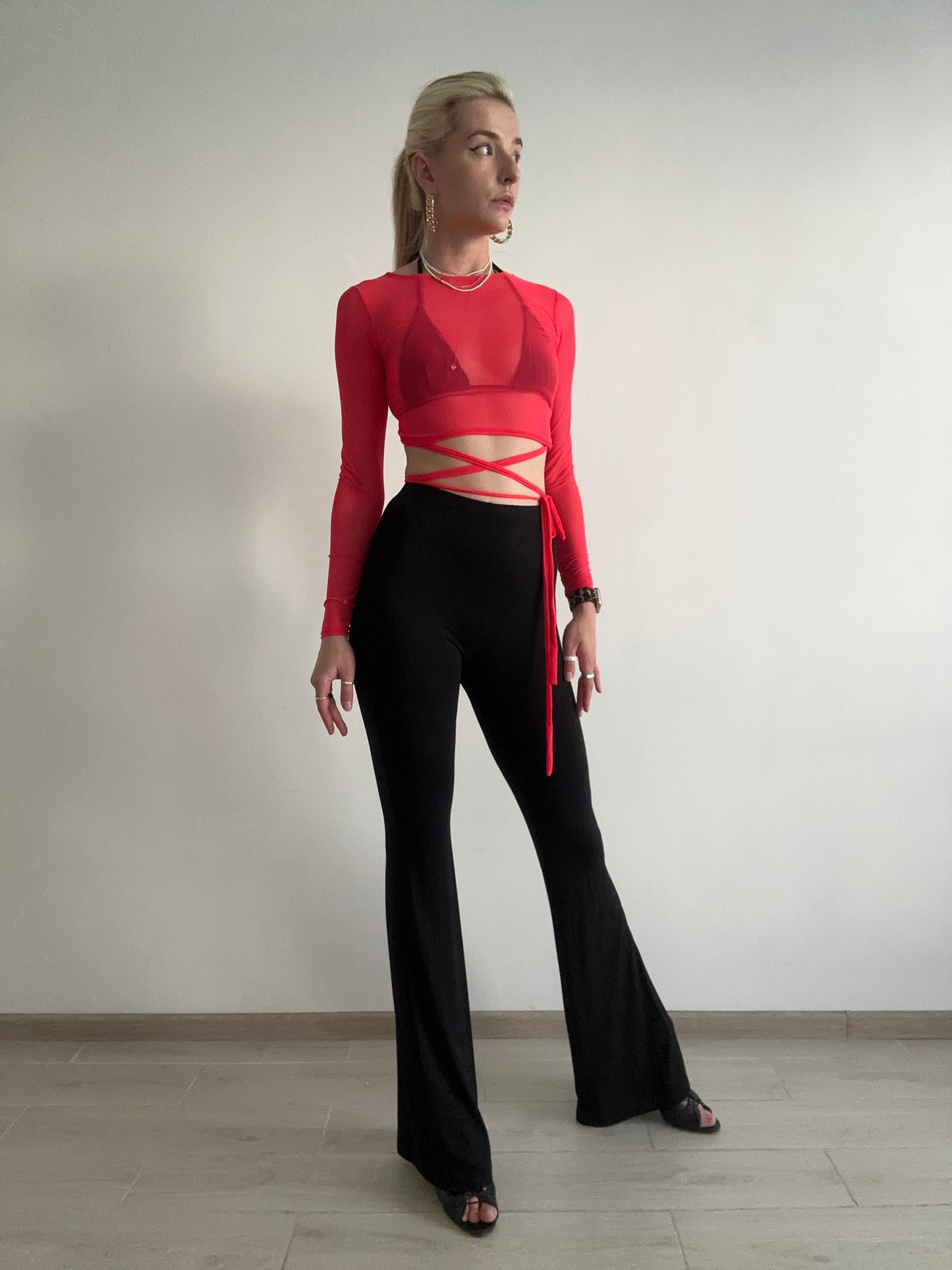 Red Mesh Long Sleeve Crop Top