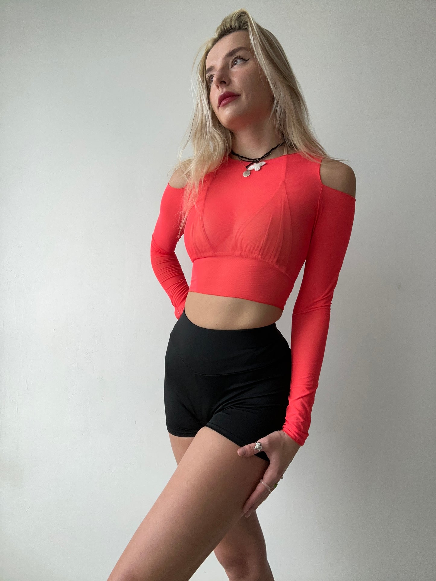 Red Off Shoulder Mesh Crop Top