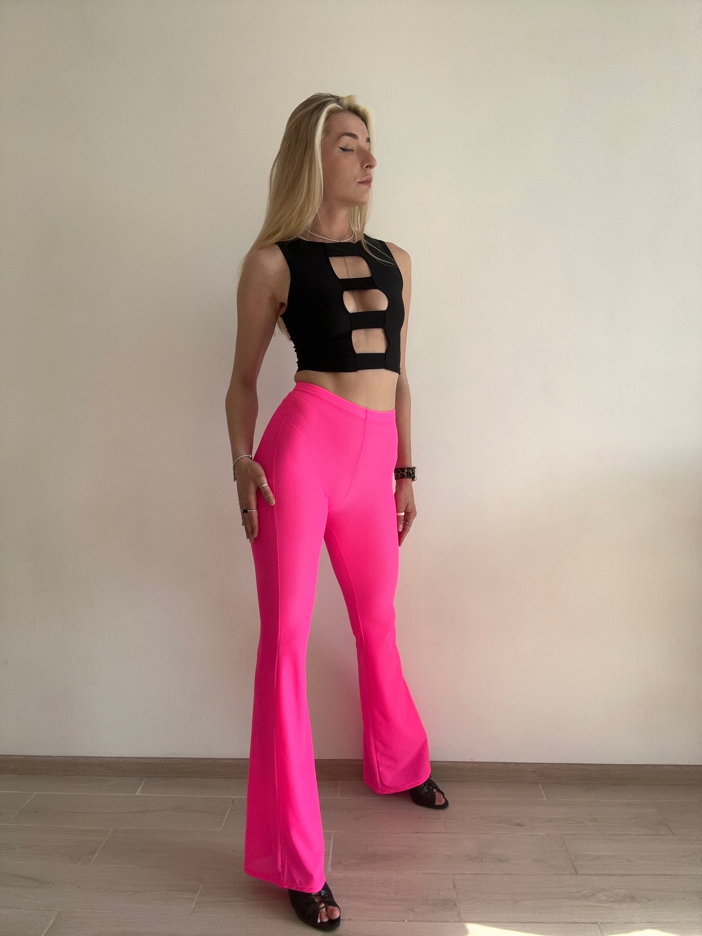 Hot Pink Neon Mesh Flared Pants