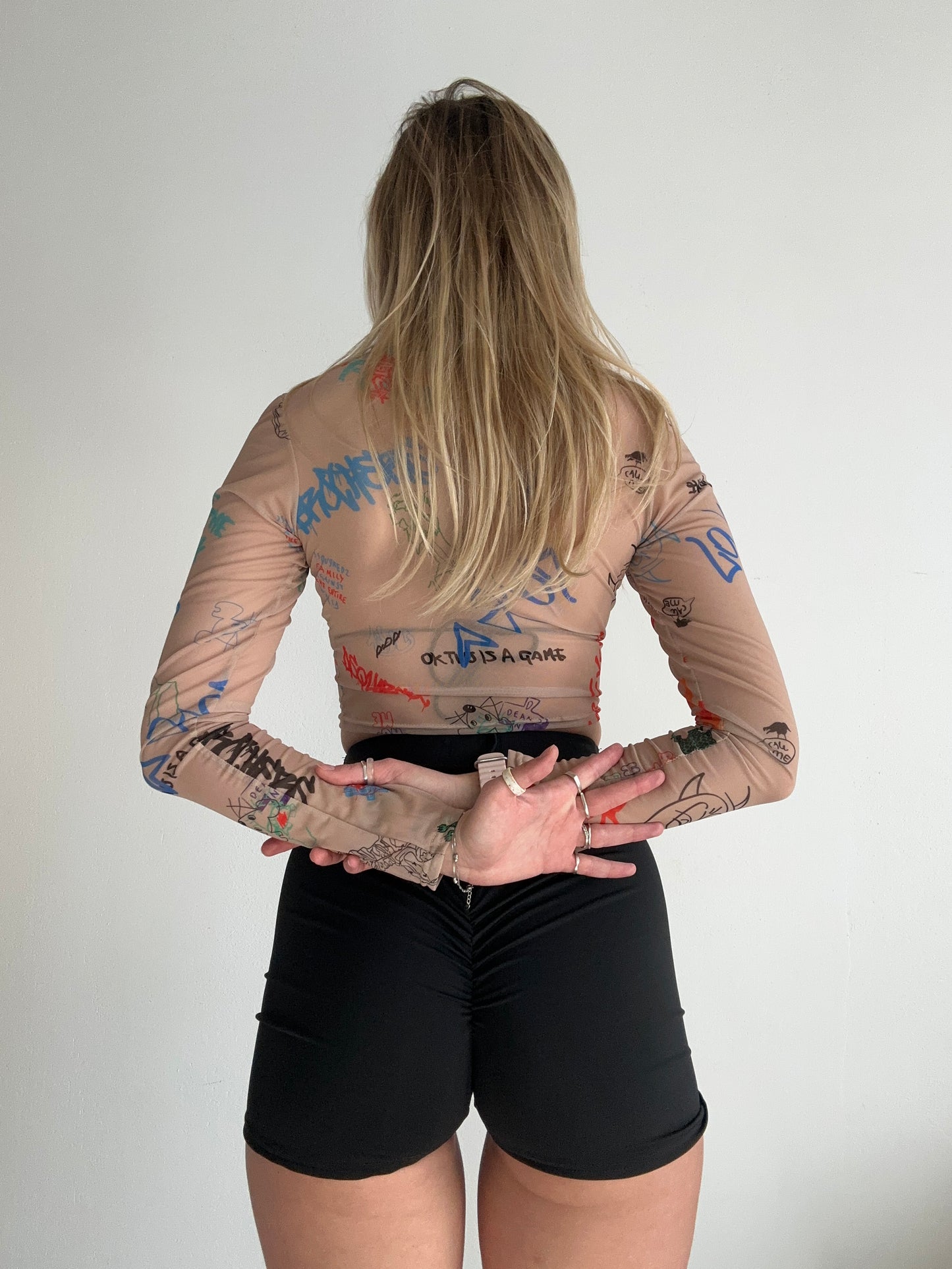 Beige Mesh Long Sleeve Crop Top