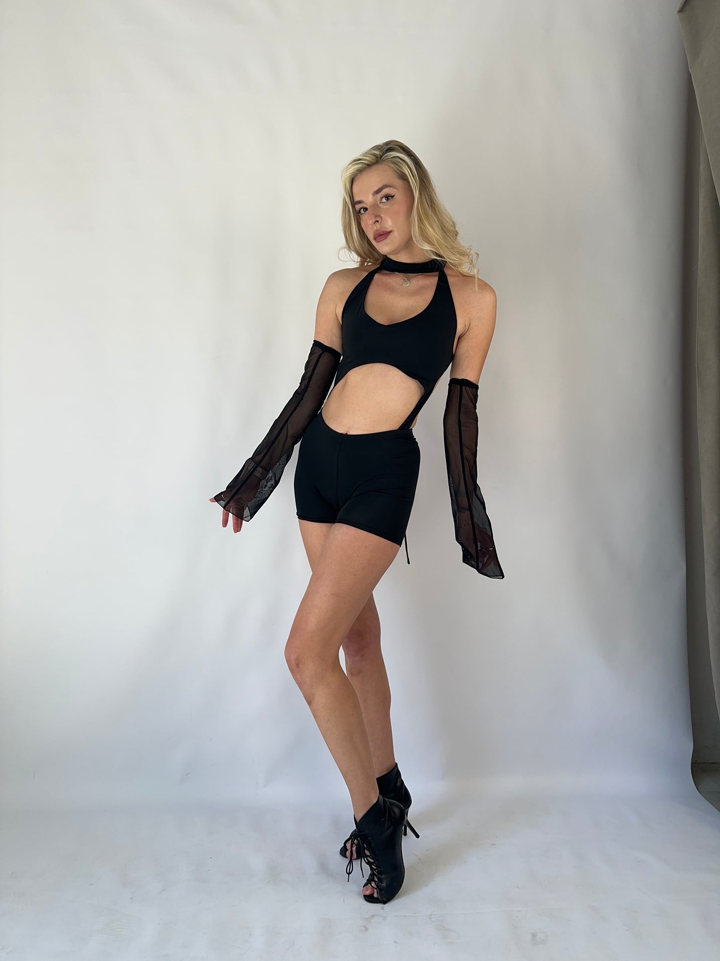 Black Rave Backless Jumpsuit with Mesh Sleeves