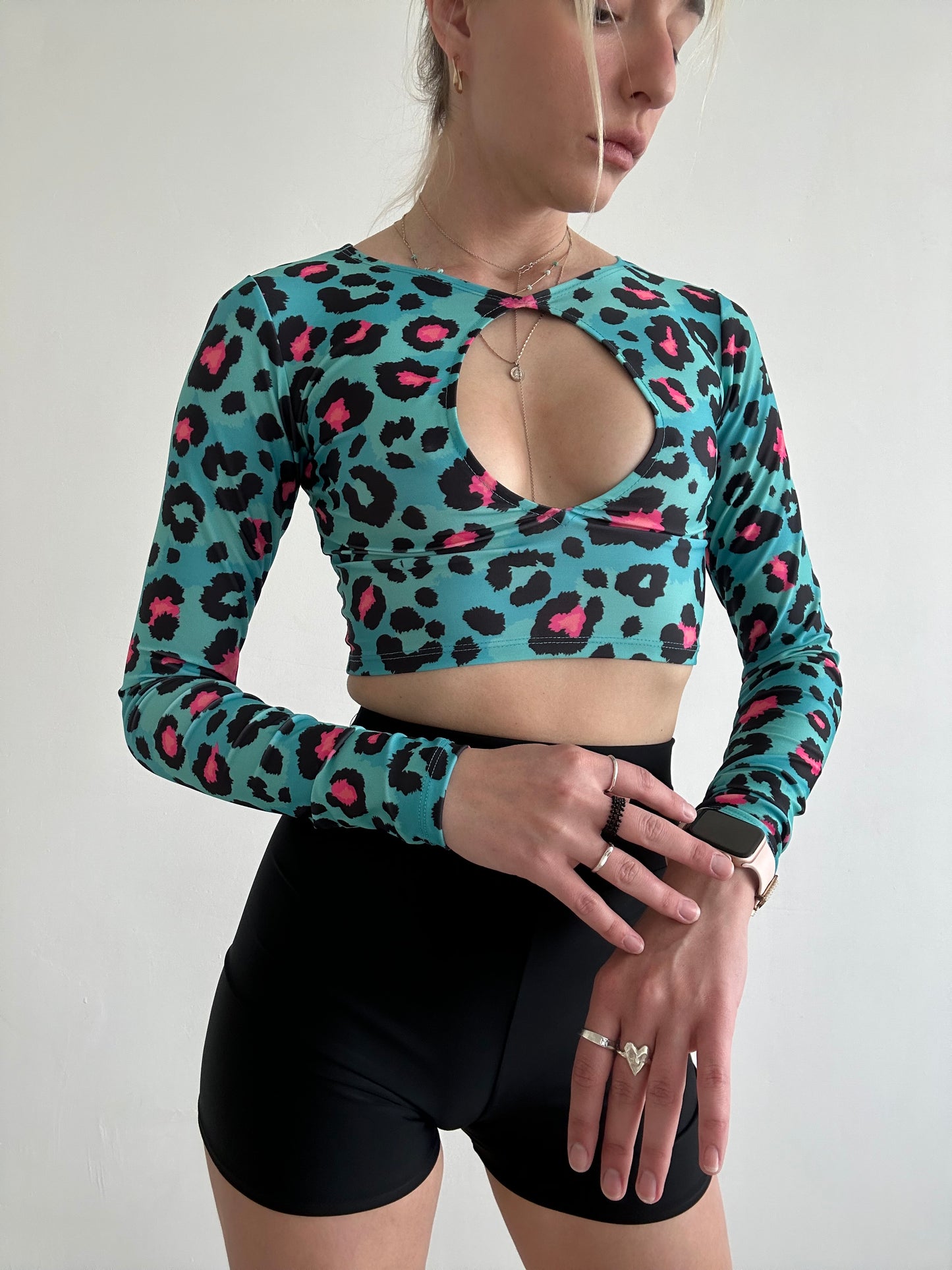 Blue Leopard Print Cut Out Crop Top