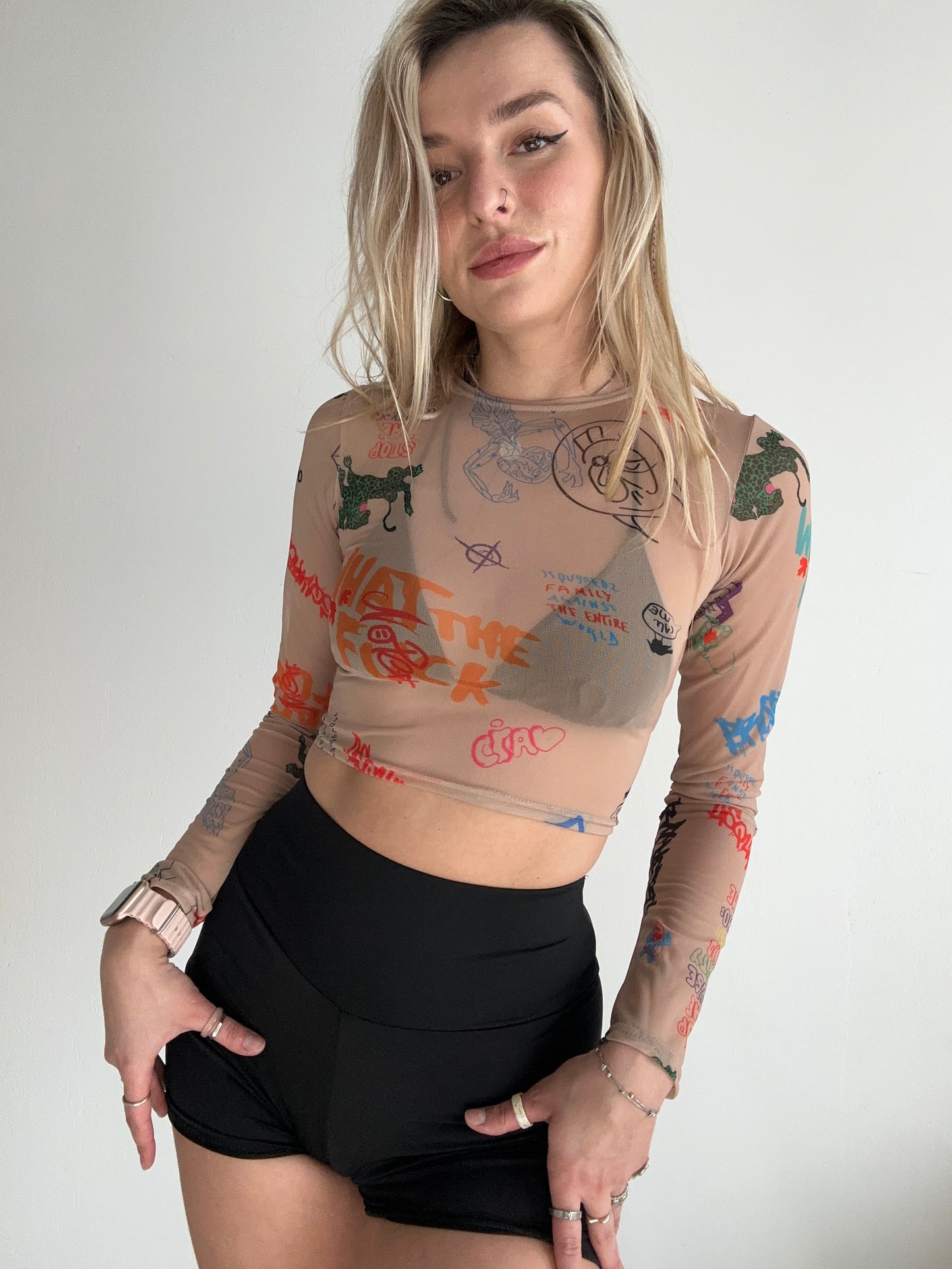 Beige Mesh Long Sleeve Crop Top