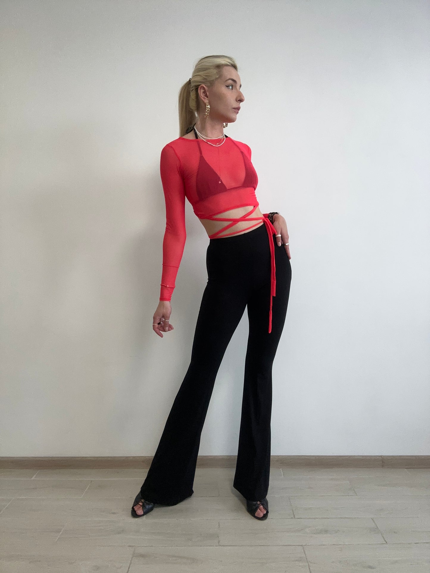 Red Mesh Long Sleeve Crop Top