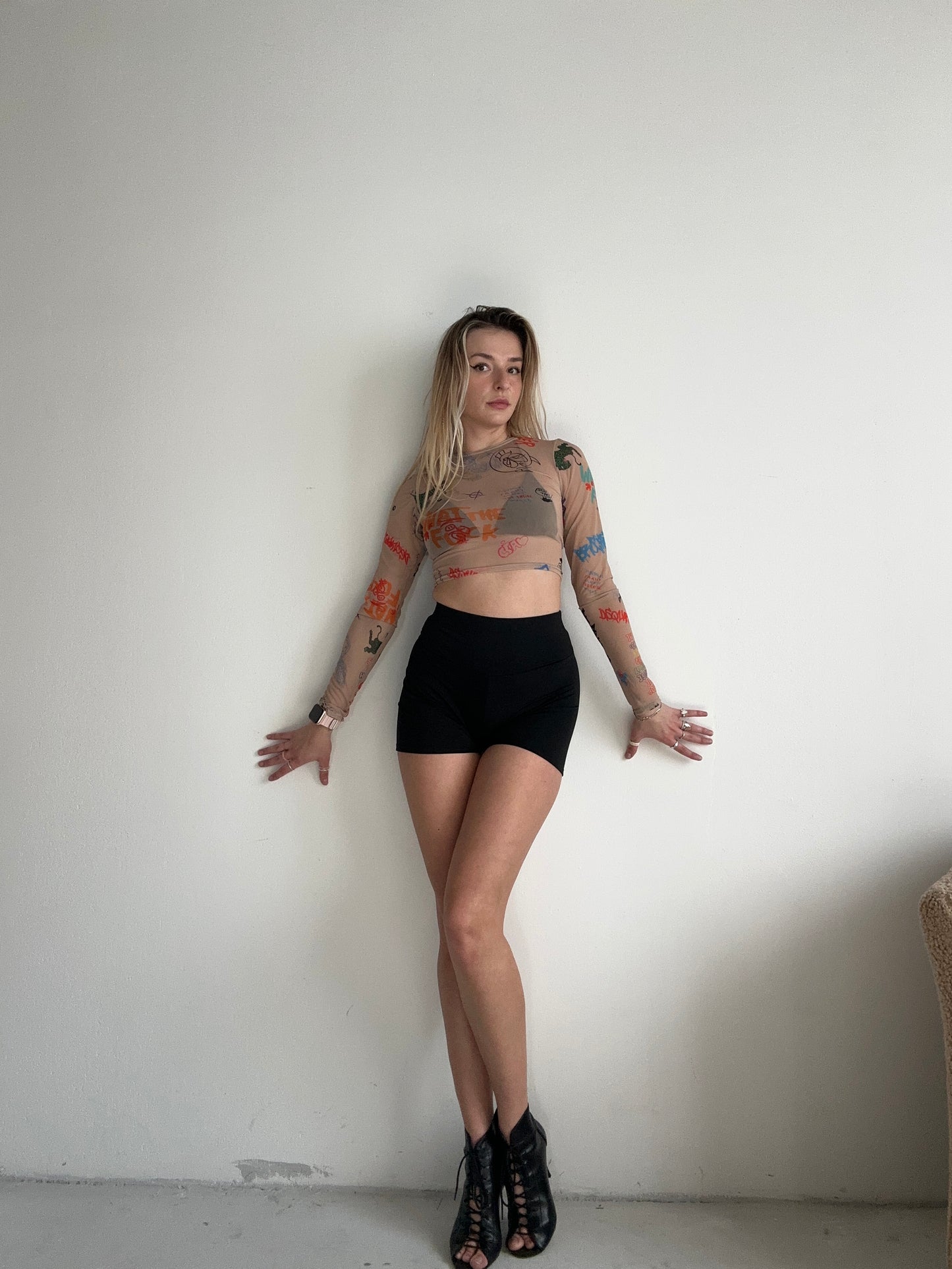 Beige Mesh Long Sleeve Crop Top