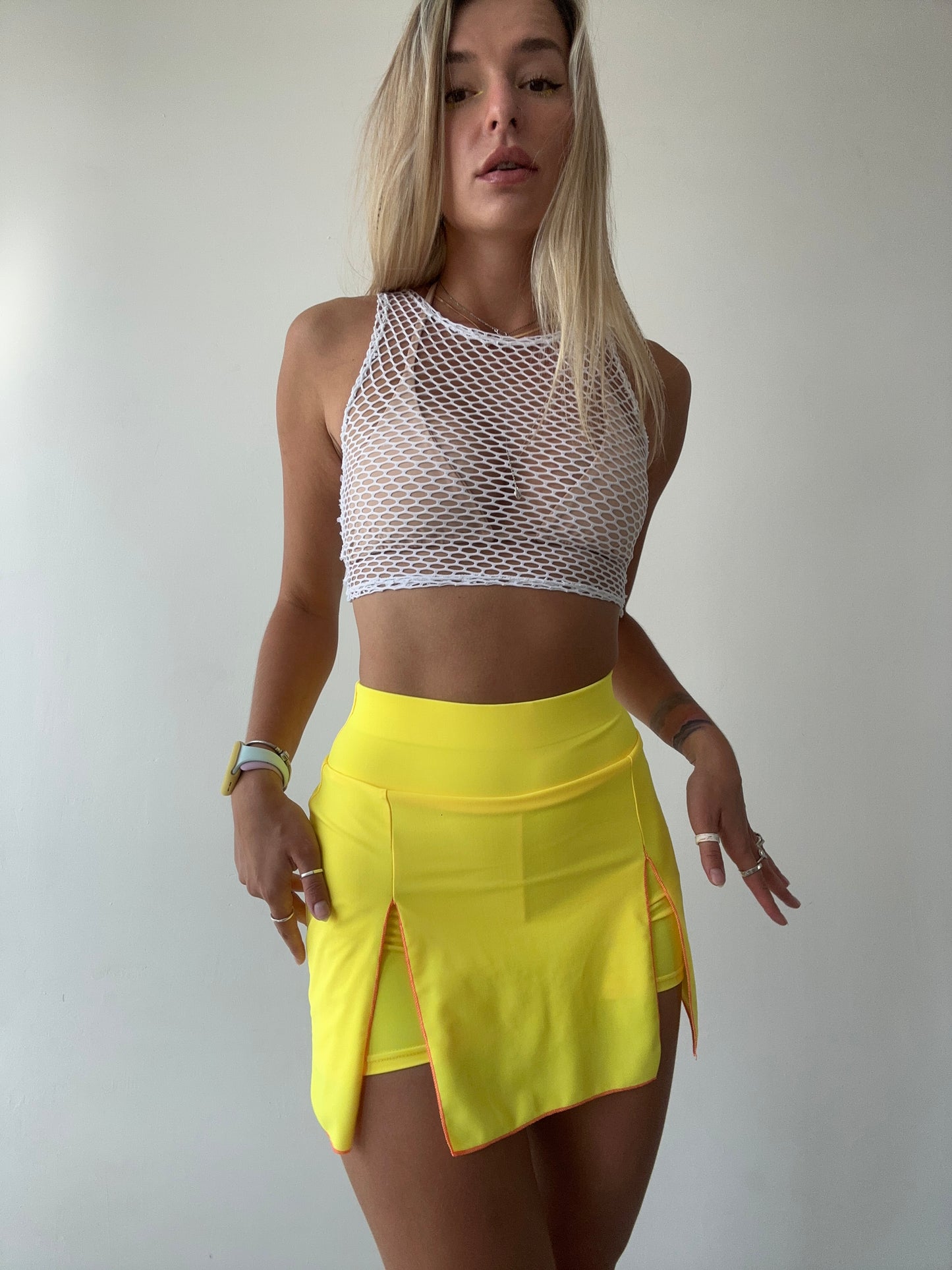 Yellow Mini Skort with Pink Stitching