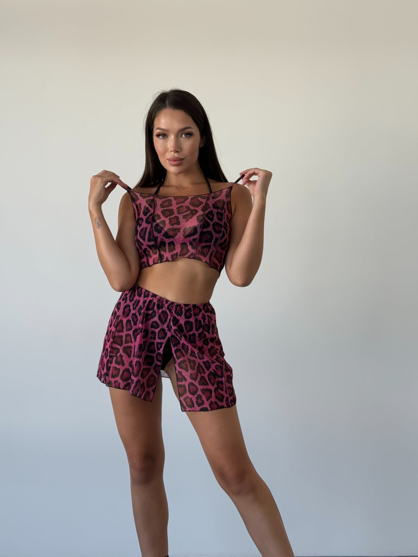 Pink Leopard Mesh Strappy Crop Top