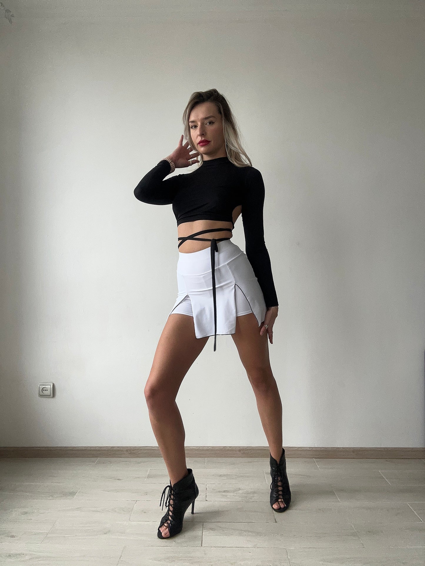 White Mini Skort with Black Stitching