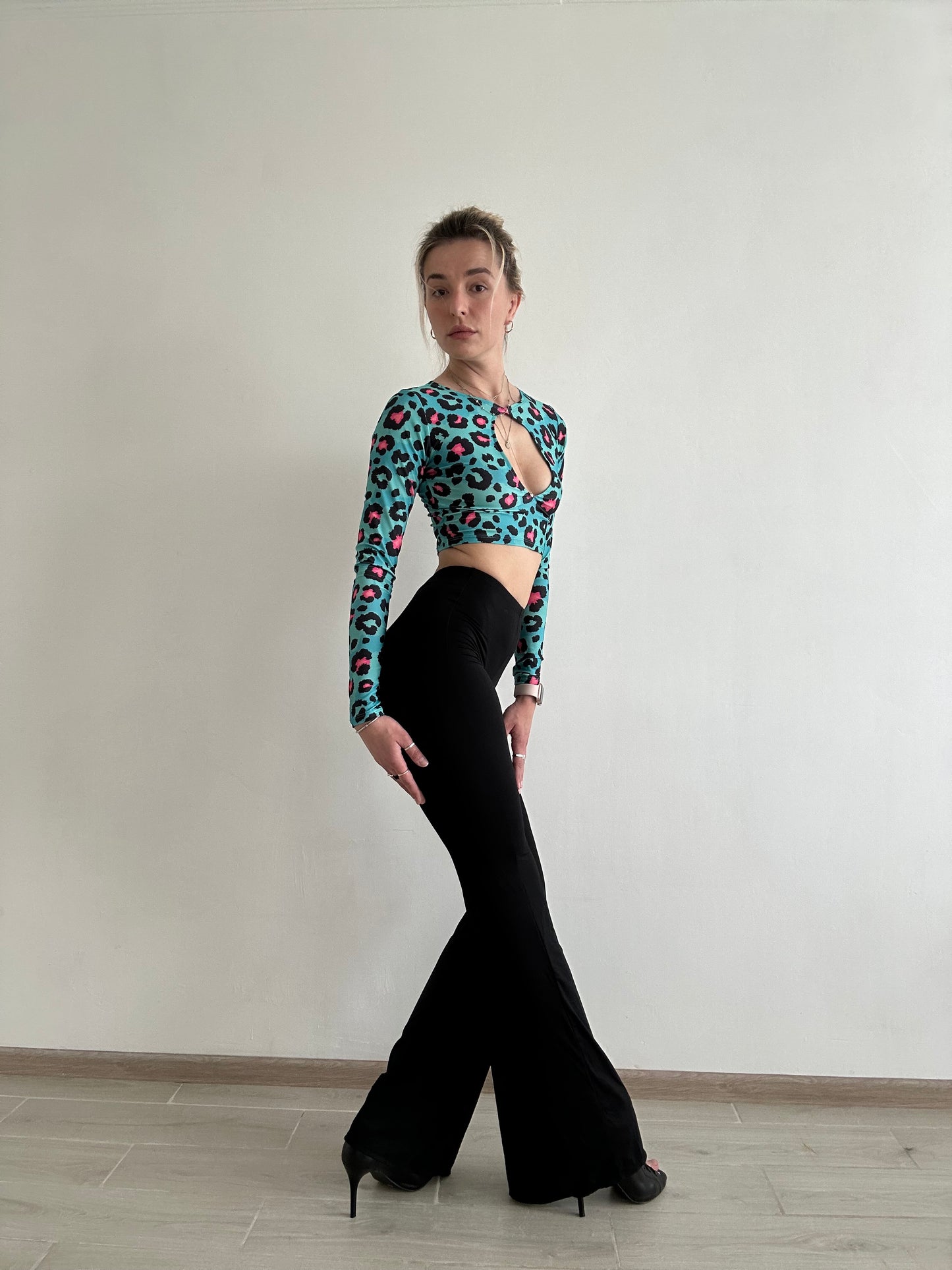 Blue Leopard Print Cut Out Crop Top