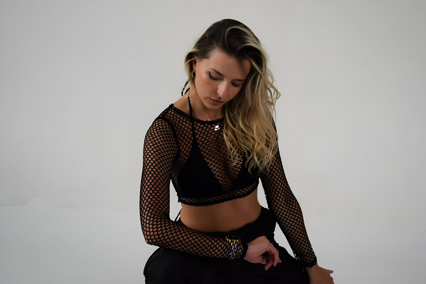 Black Mesh Crew Neck Crop Top