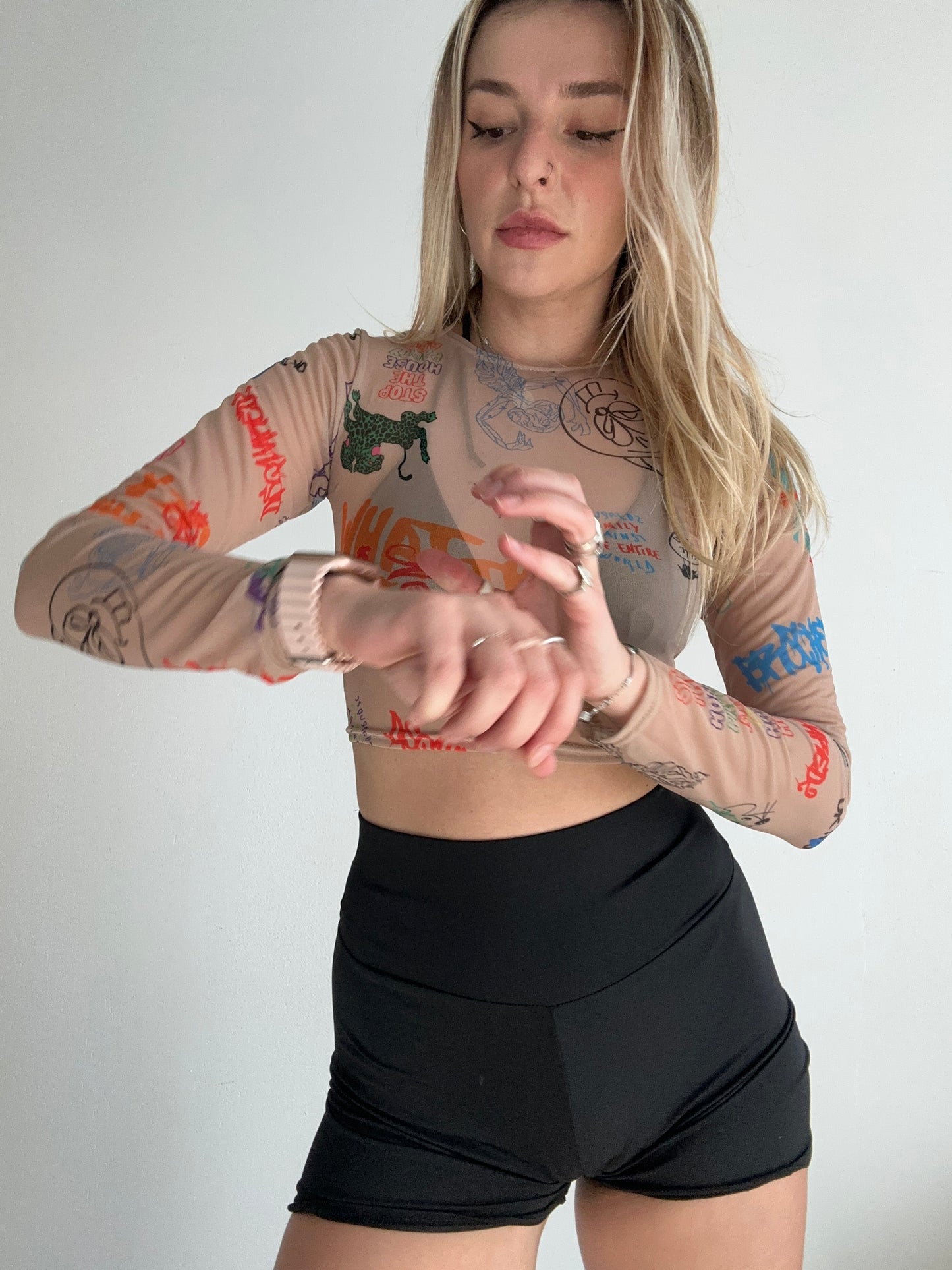 Beige Mesh Long Sleeve Crop Top