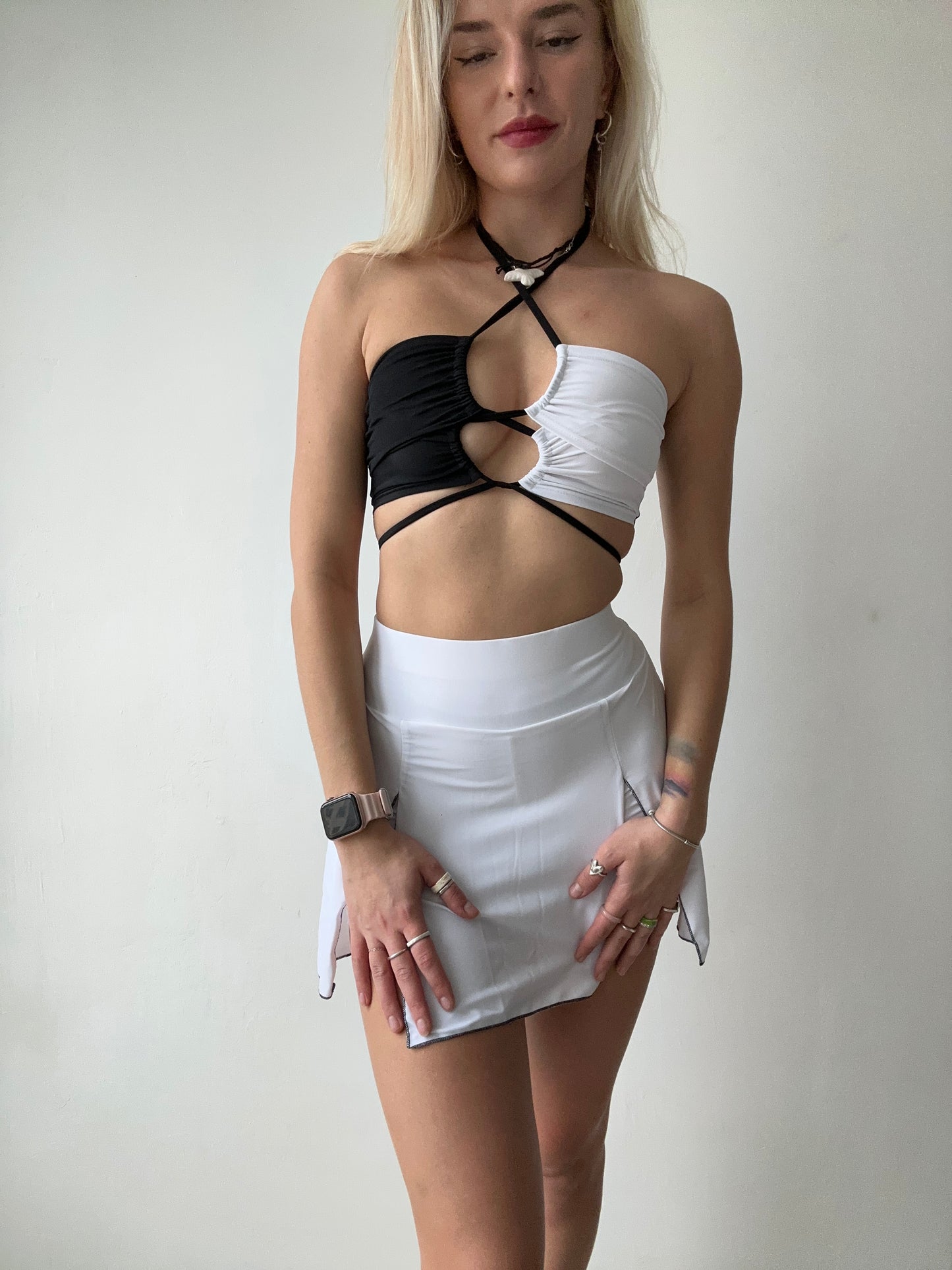 White Mini Skort with Black Stitching