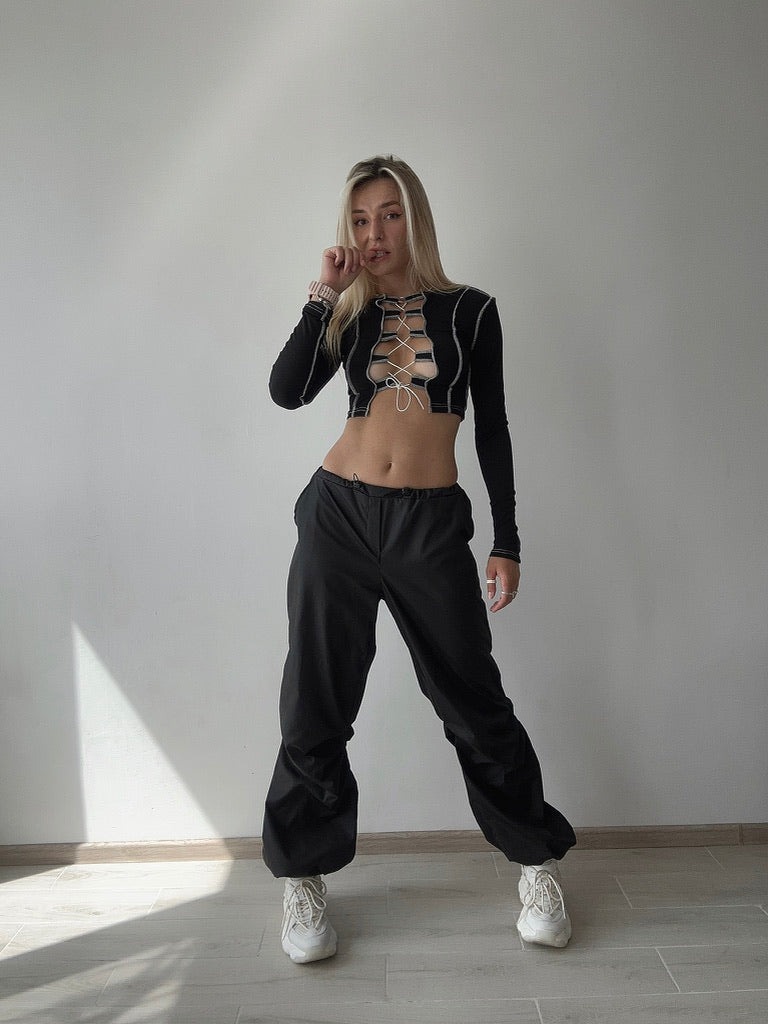 Black Ribbed Lace Up Dance Top