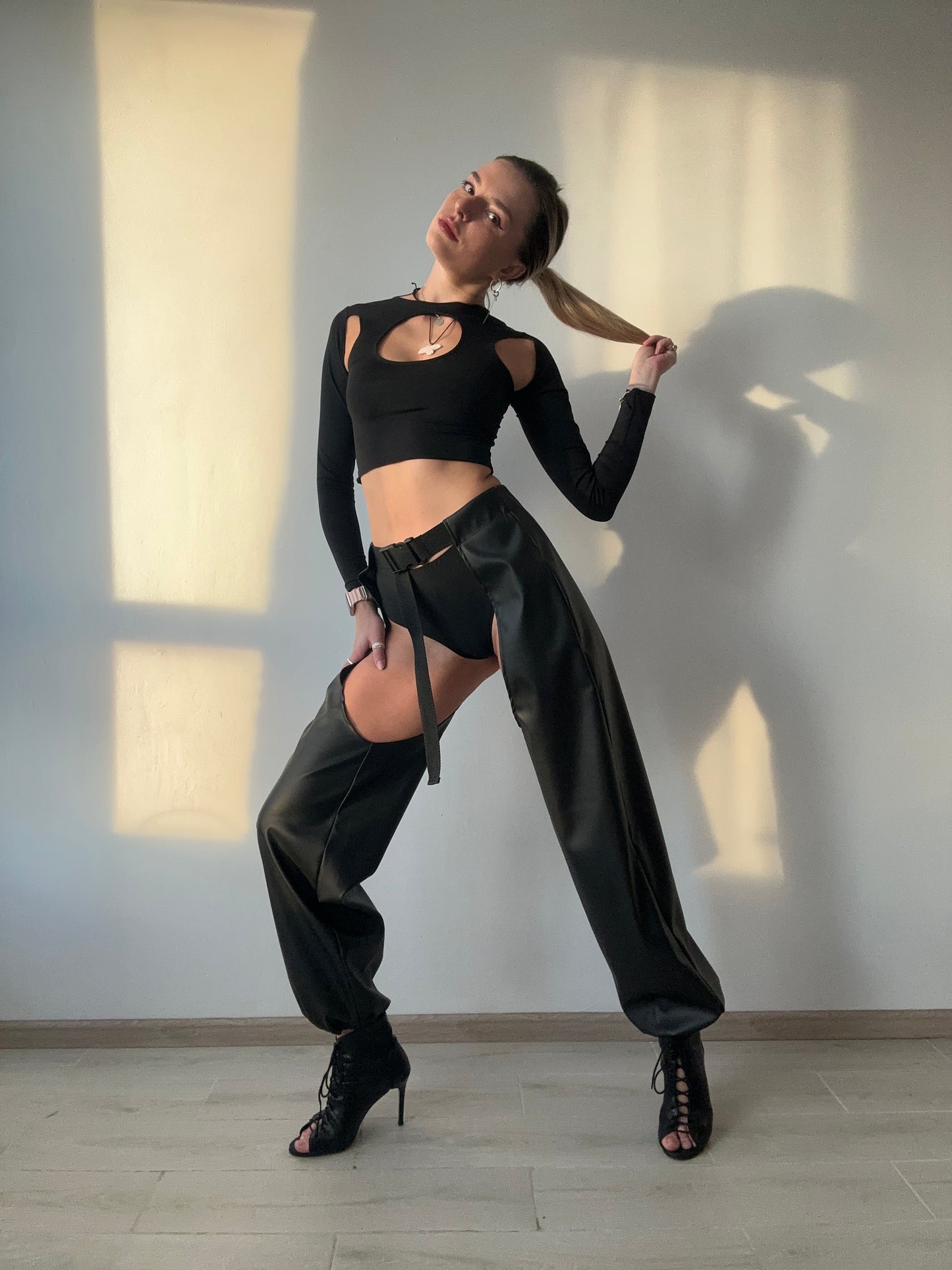 Black Leather Cut Out Pants