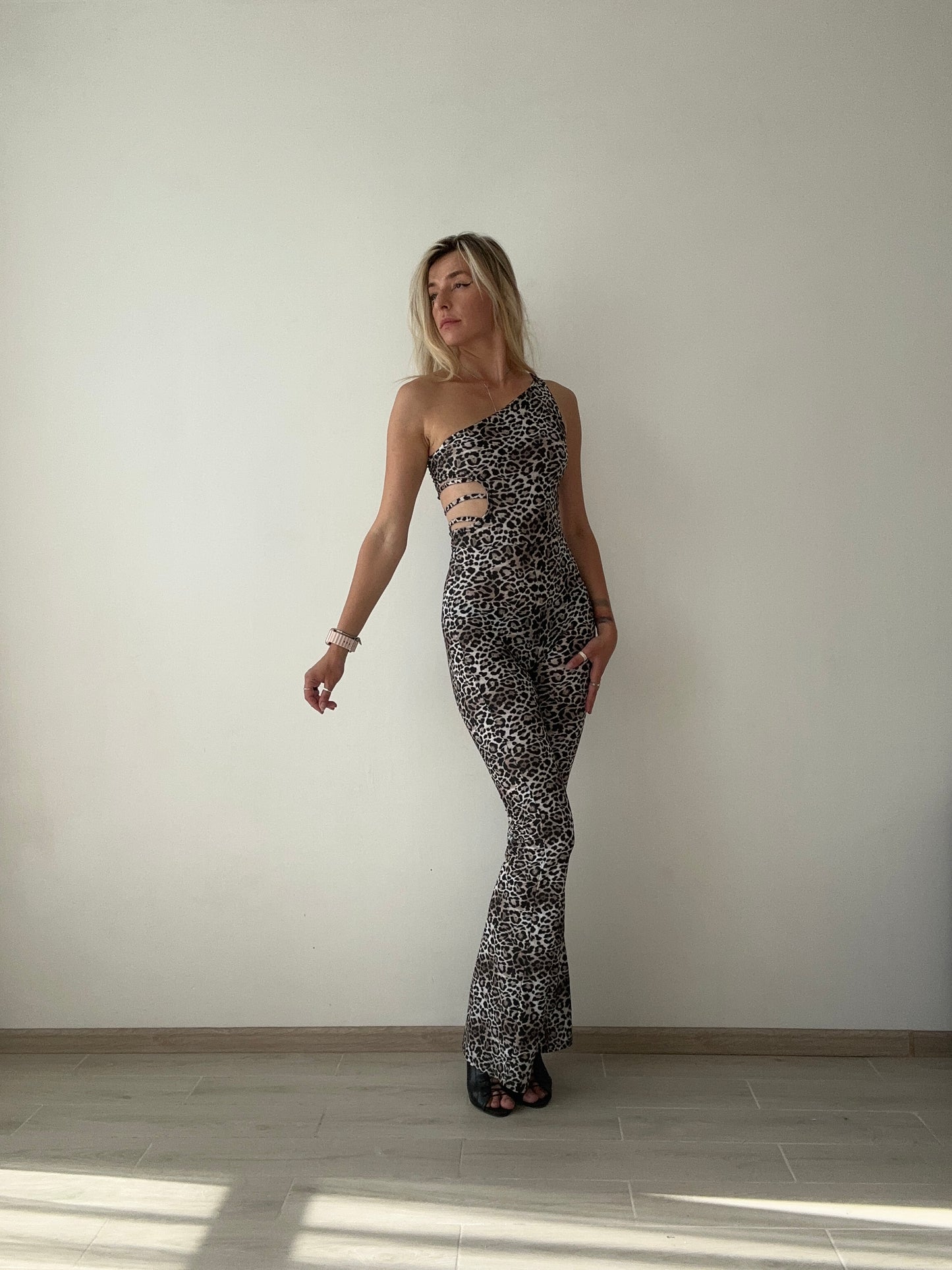 Leopard One Shoulder Backless Jumpsuit