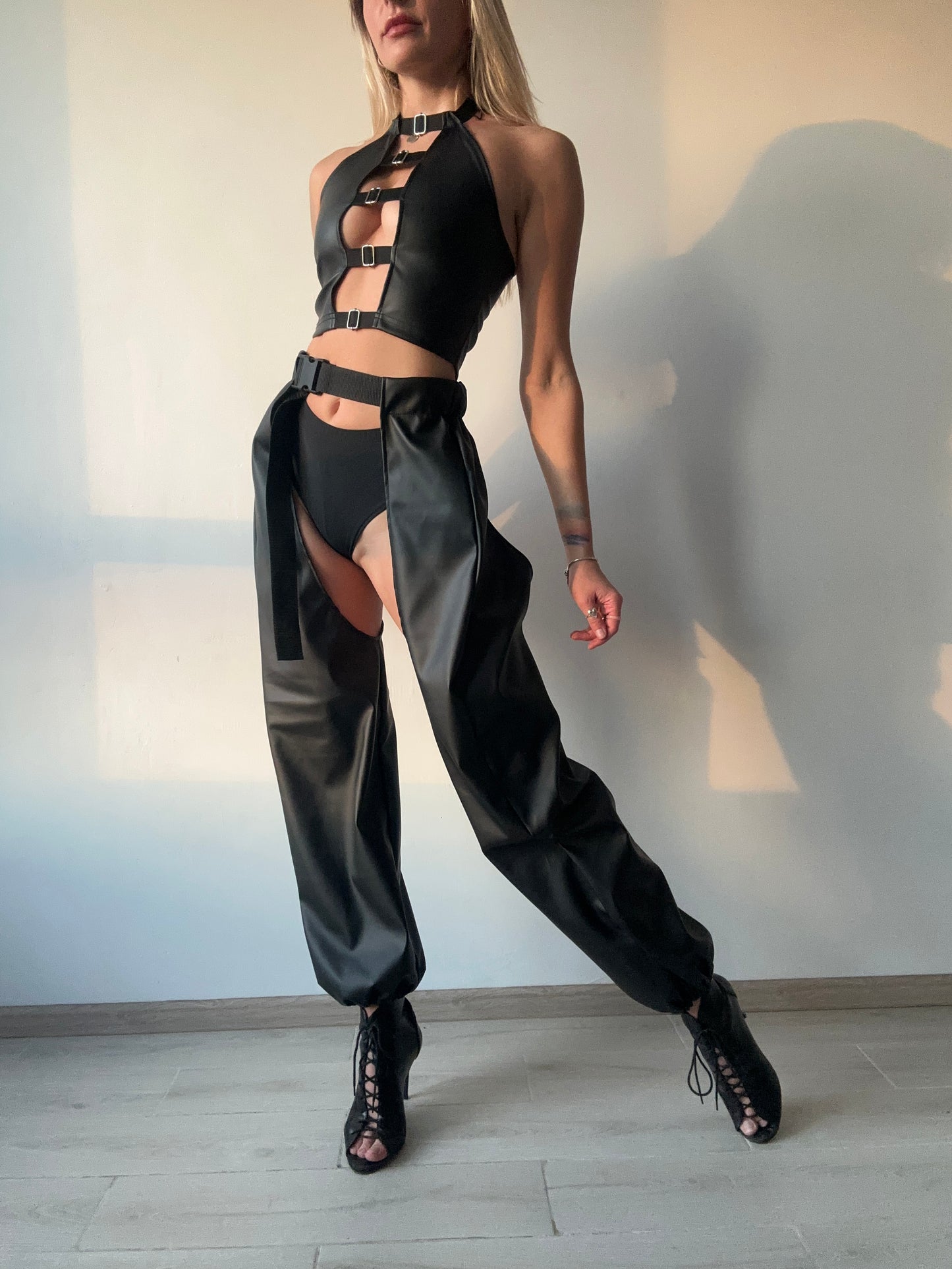 Black Leather Cut Out Pants