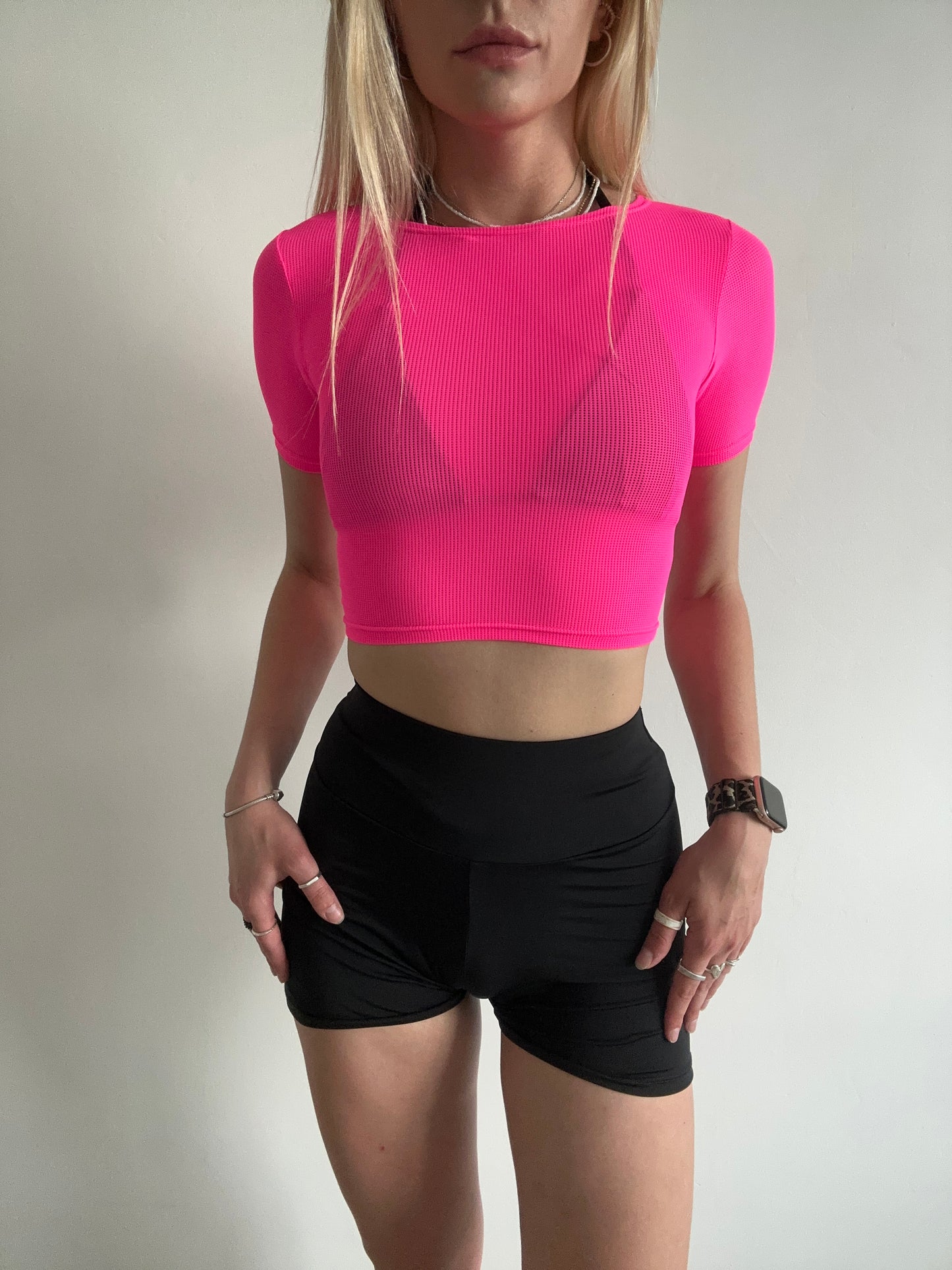 Hot Pink Mesh Short Sleeve Crop Top
