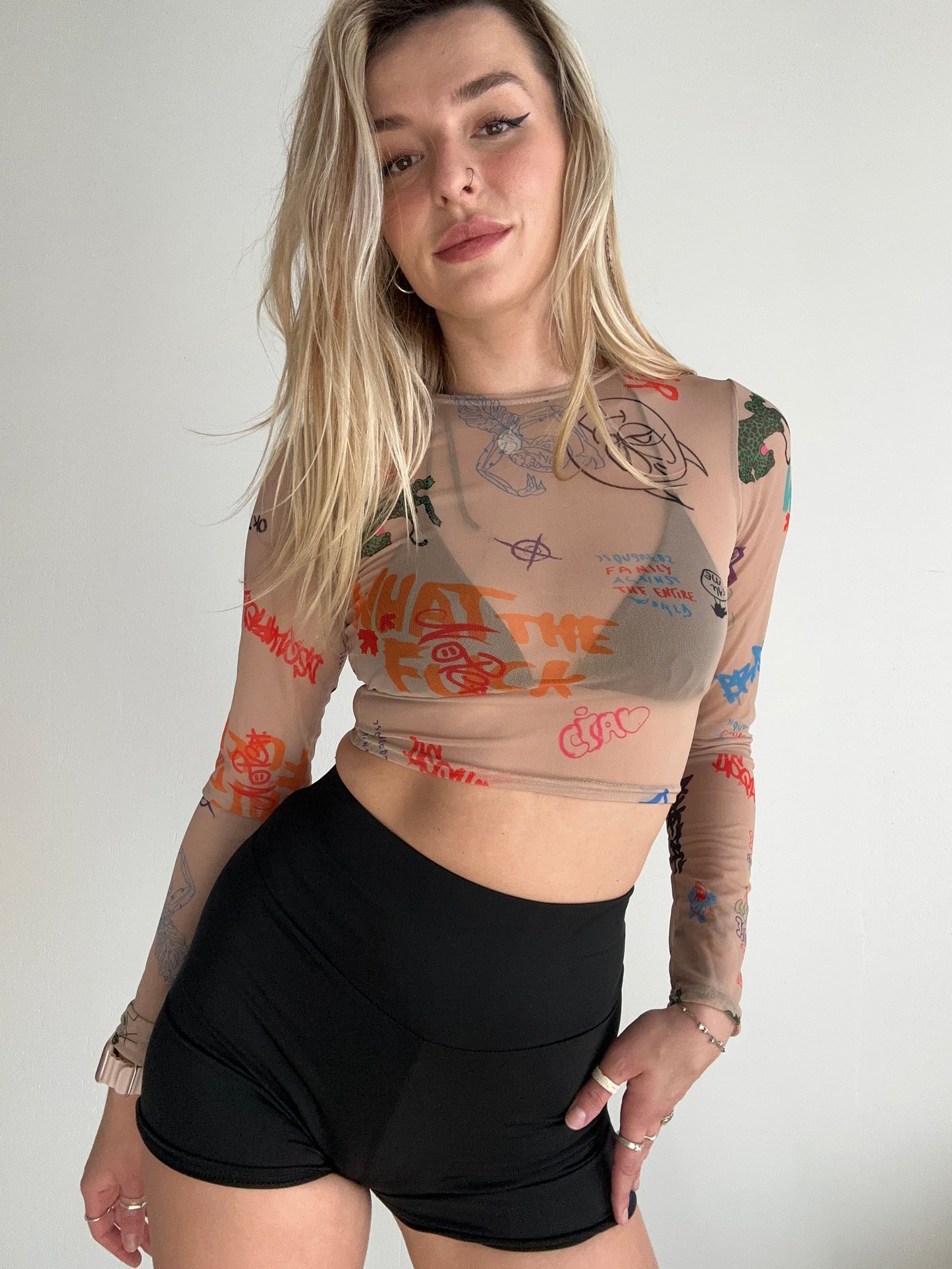 Beige Mesh Long Sleeve Crop Top