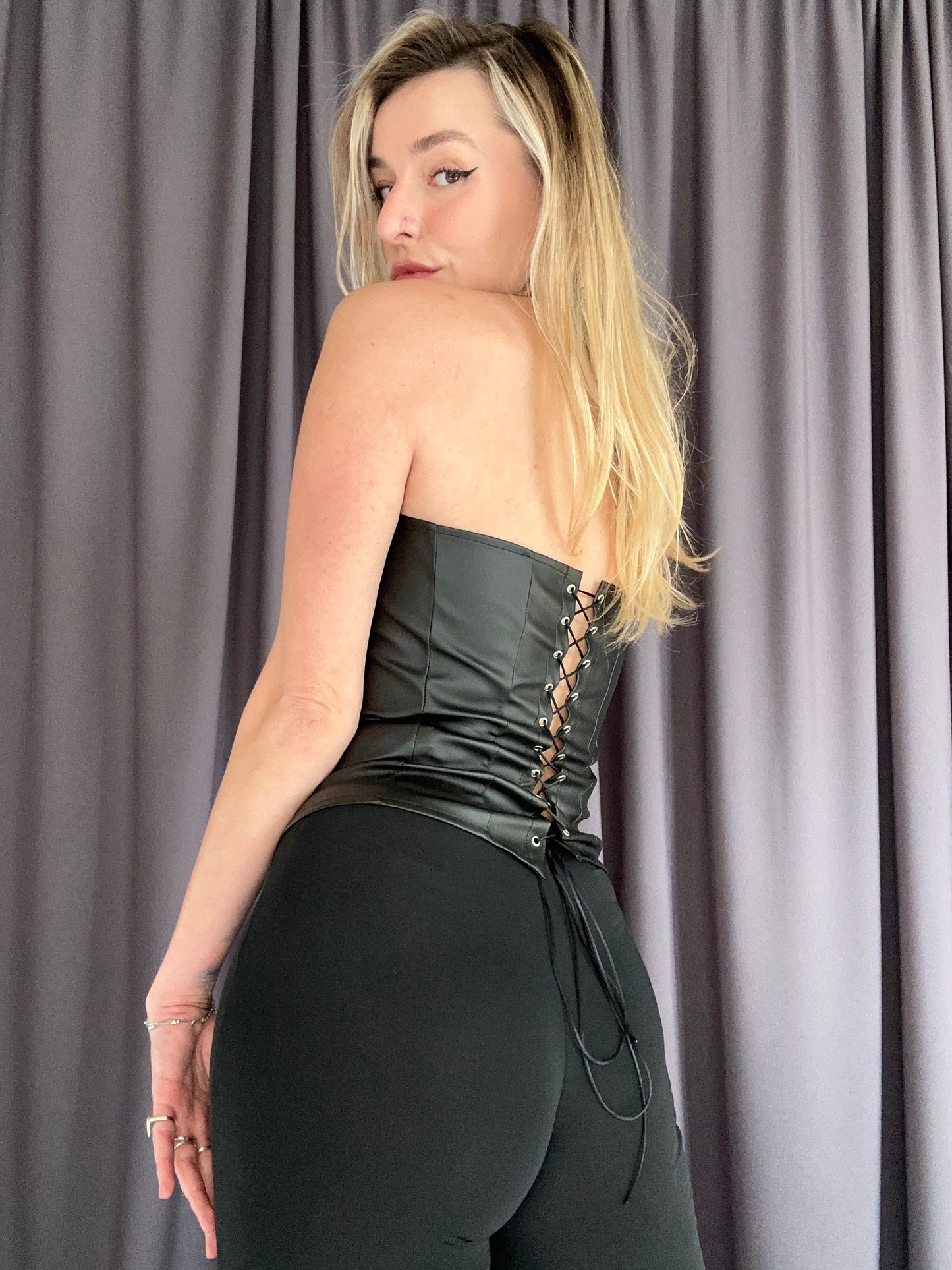 Black Strapless Faux Leather Corset