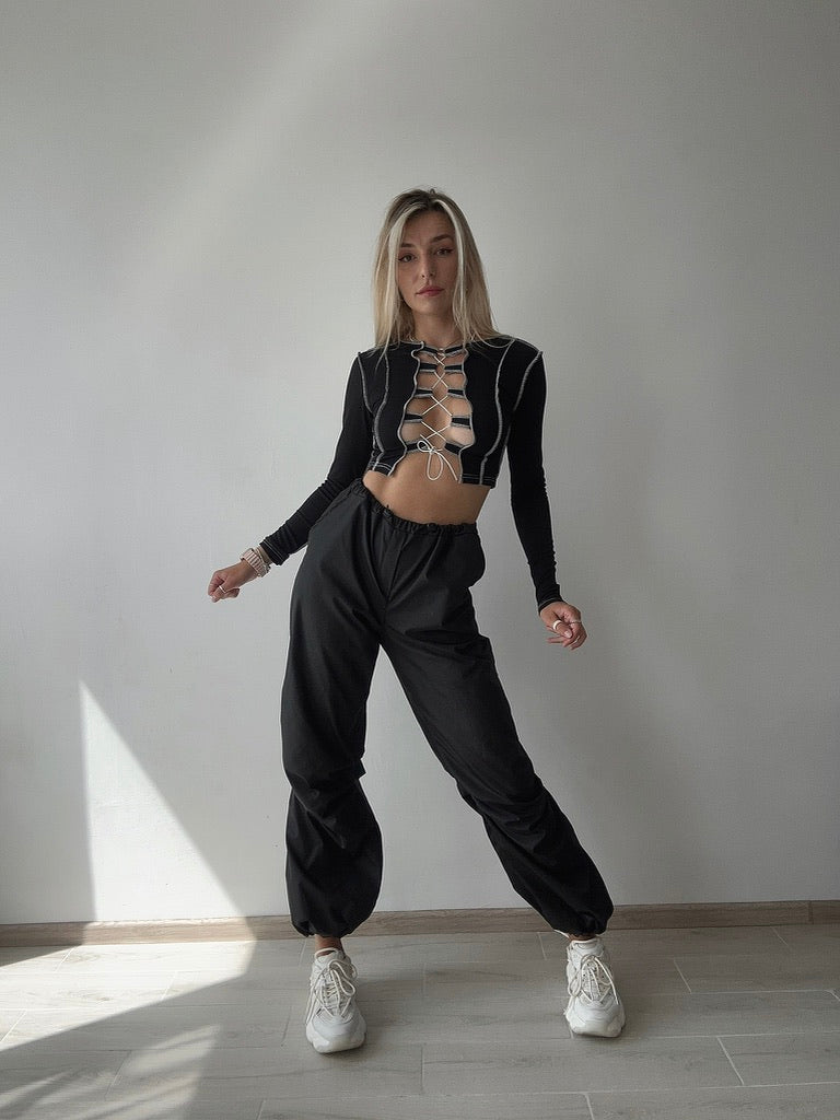 Black Ribbed Lace Up Dance Top