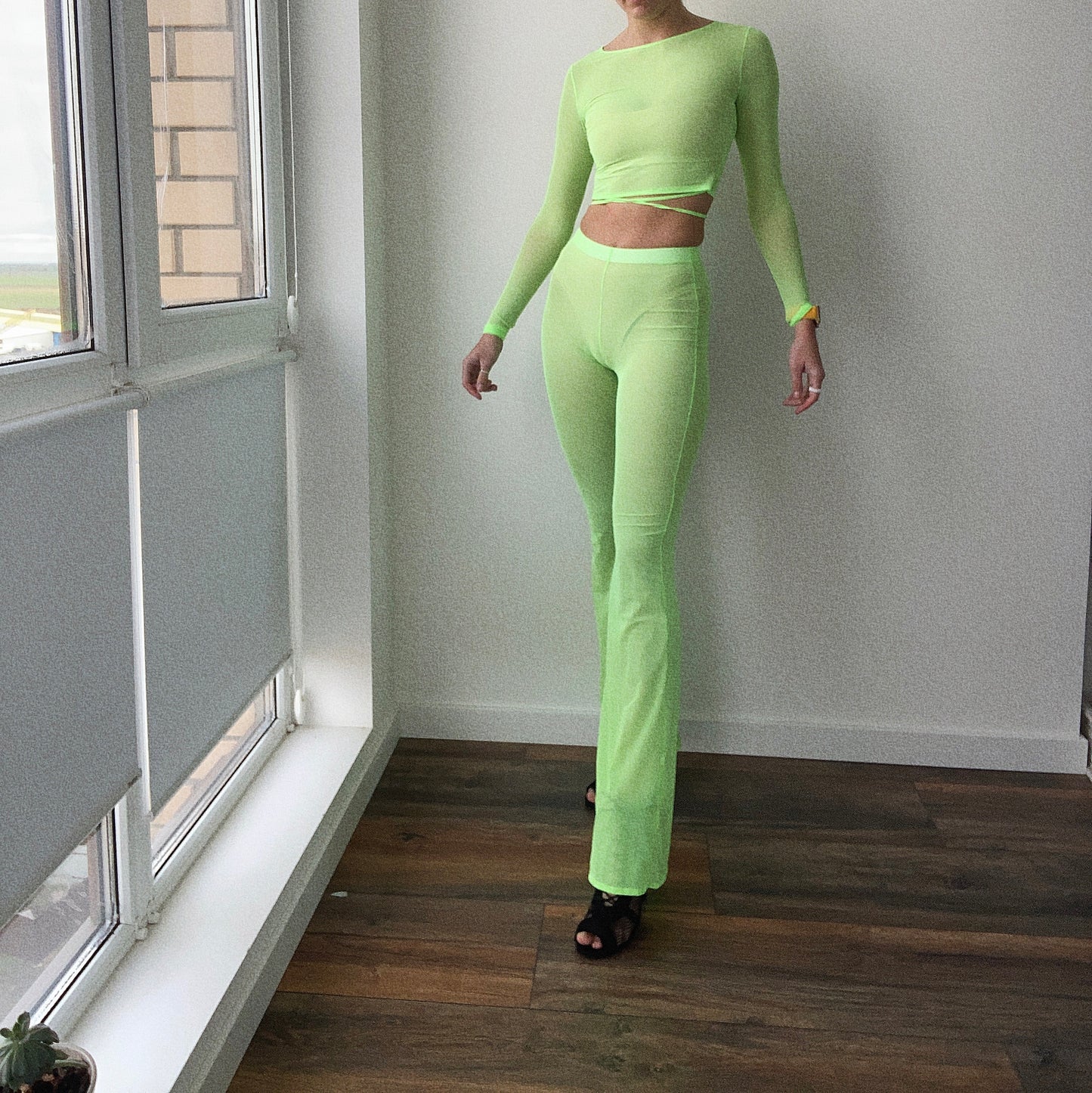 Neon Green Mesh Long Sleeve Crop Top