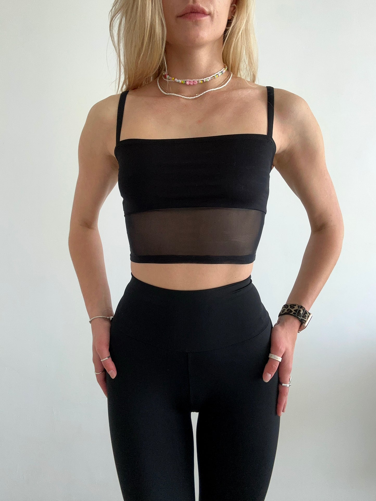 Black Mesh & Knit Decollete Crop Top