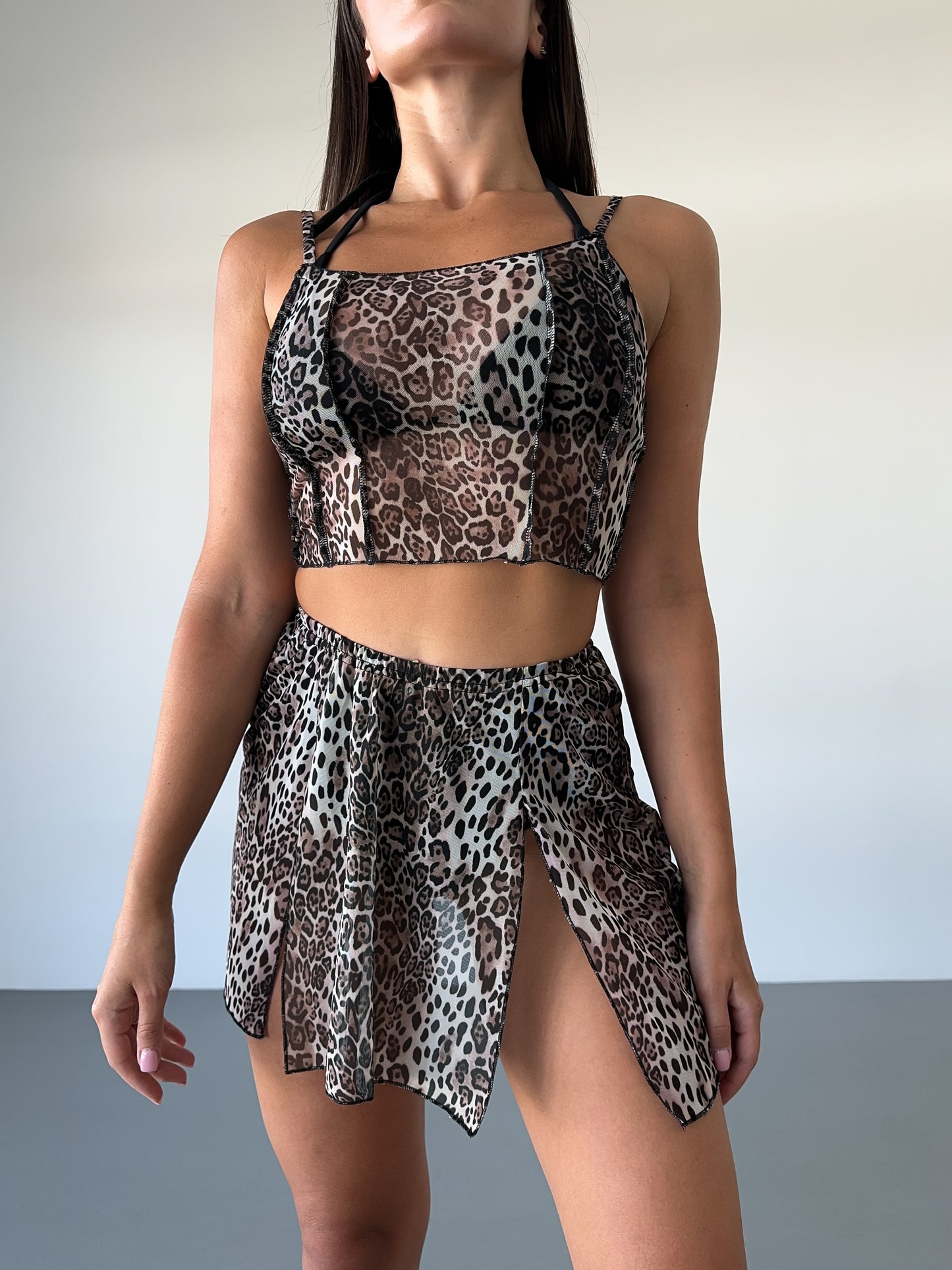 Beige Leopard Mesh Strappy Crop Top