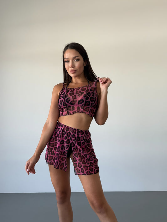 Pink Leopard Mesh Strappy Crop Top