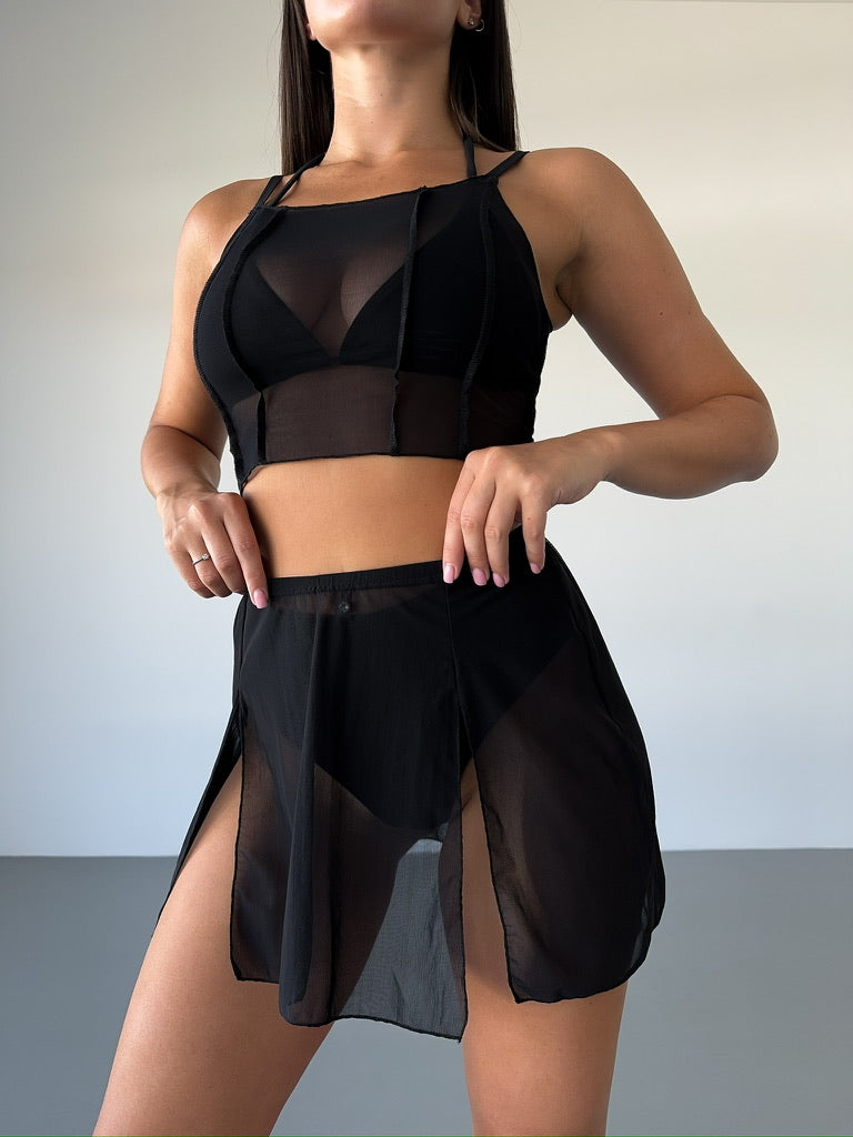 Black Mesh Strappy Crop Top
