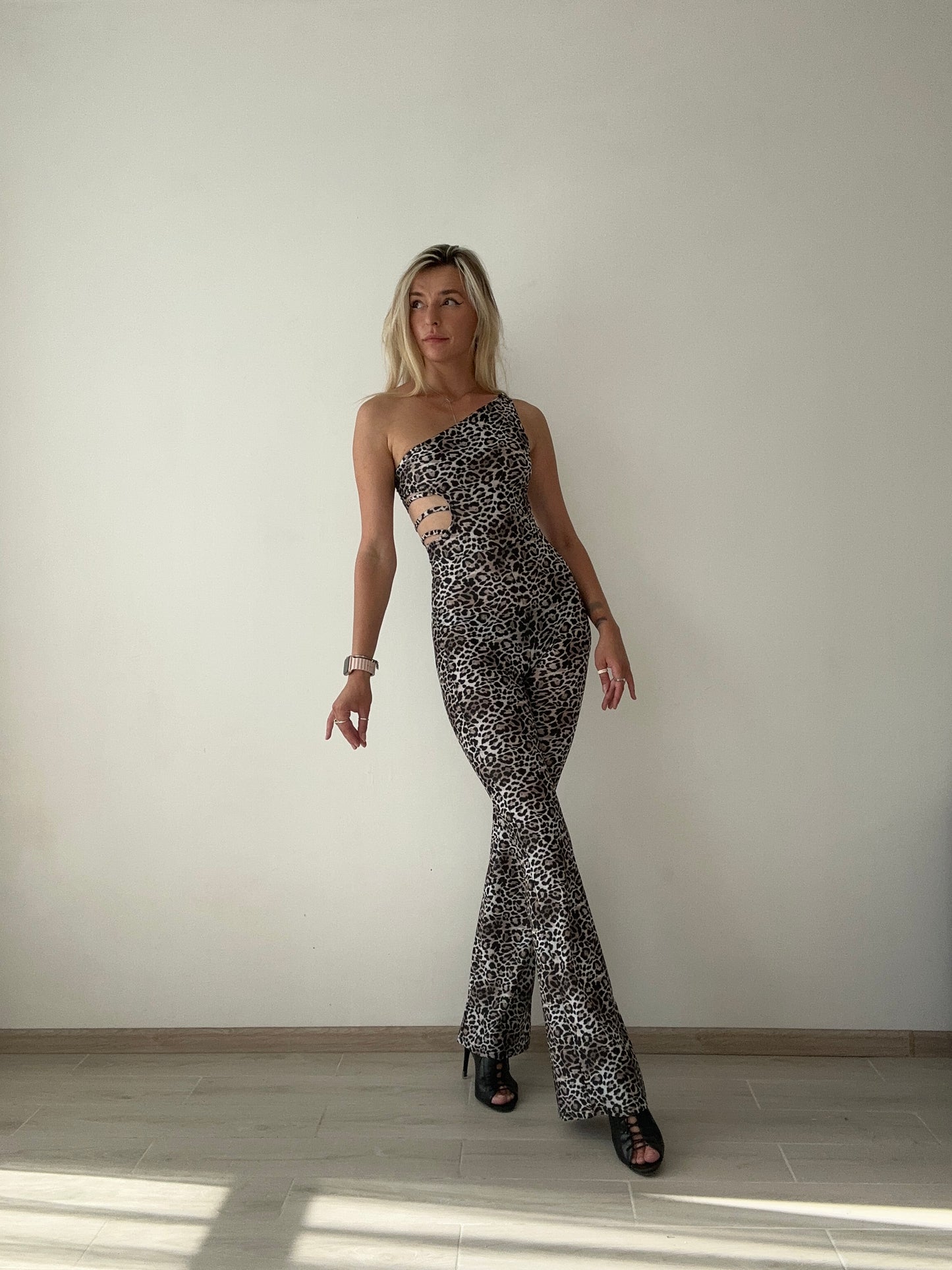 Leopard One Shoulder Backless Jumpsuit