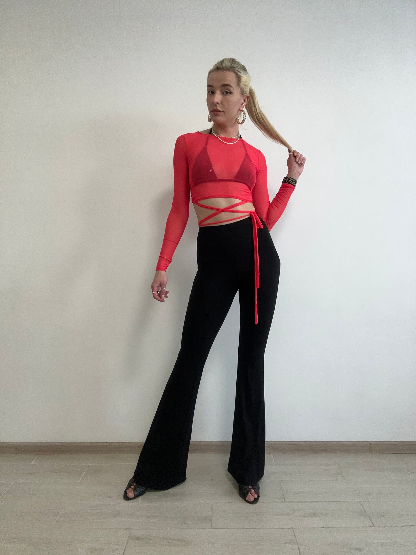 Red Mesh Long Sleeve Crop Top