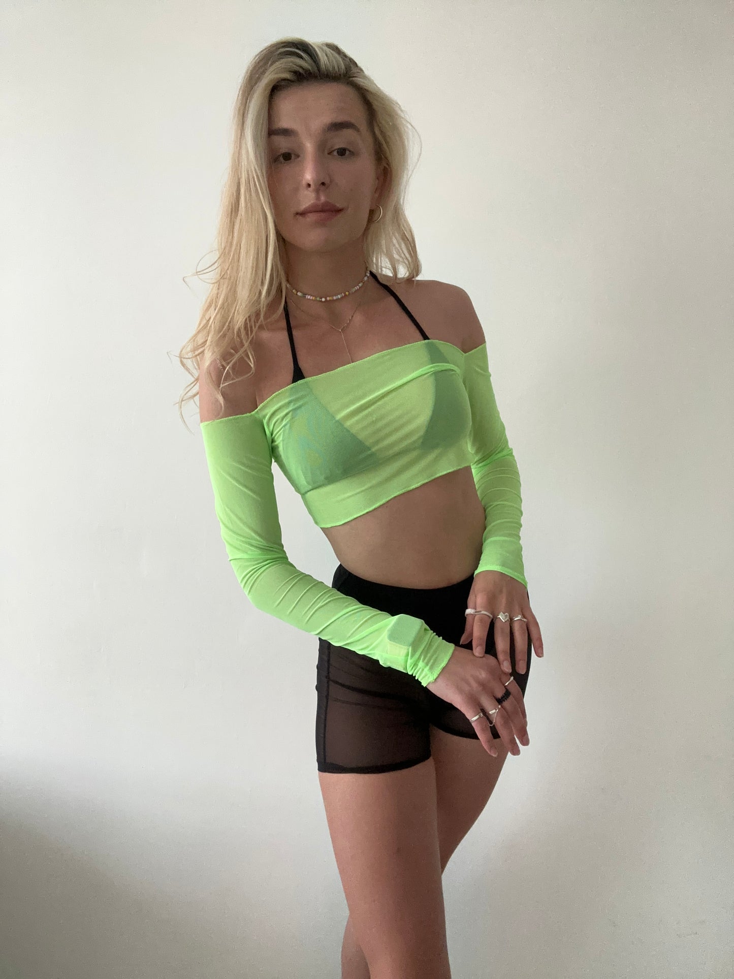 Green Mesh Off Shoulder Crop Top