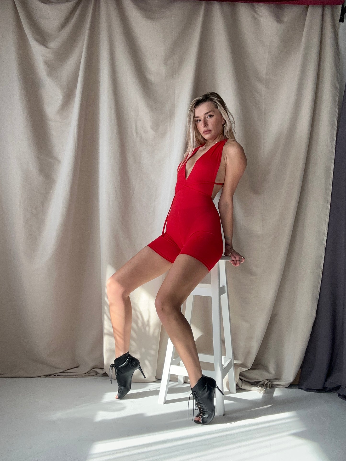 Red Halter Backless Dance Romper