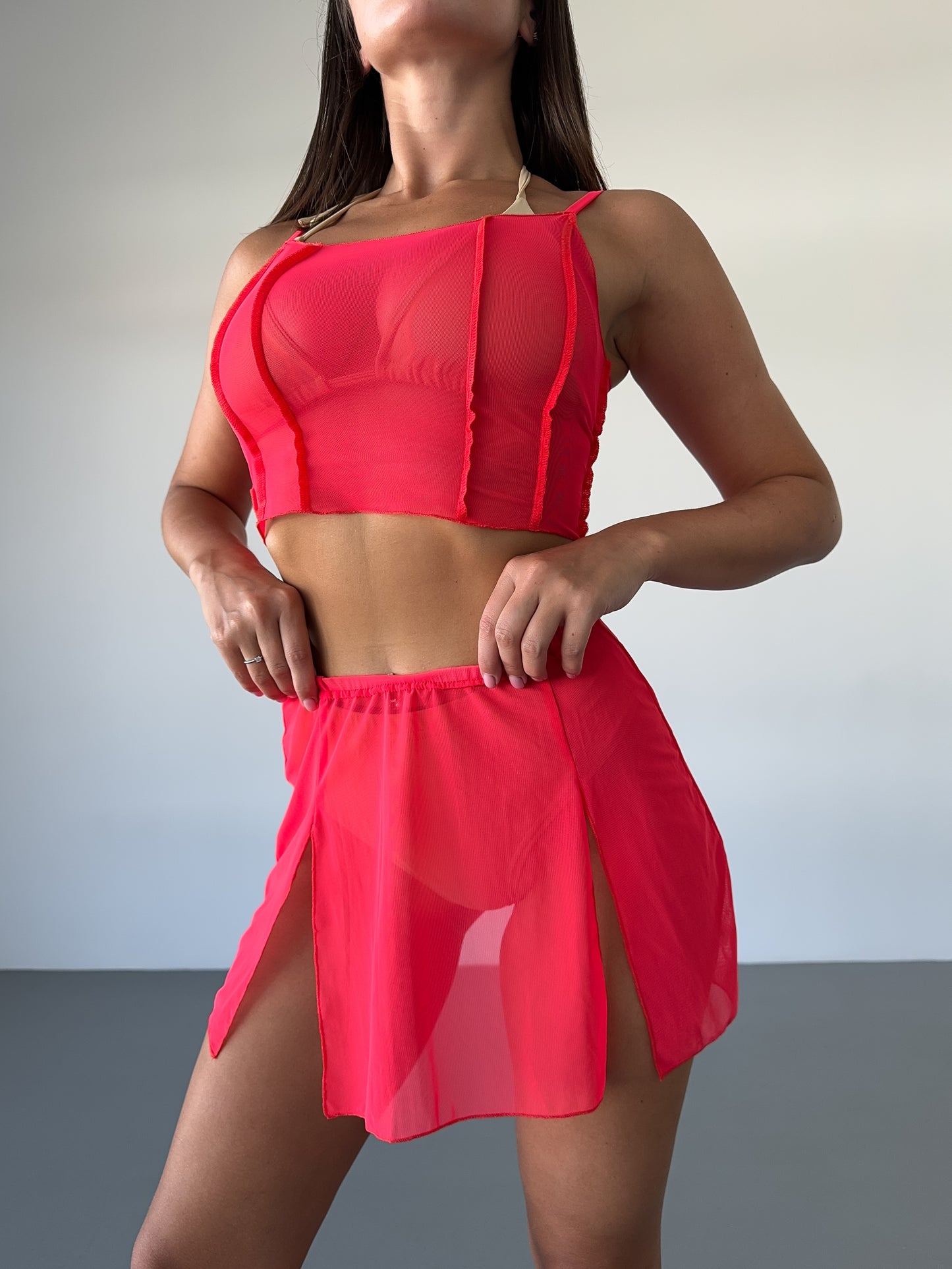 Red Mesh Strappy Crop Top