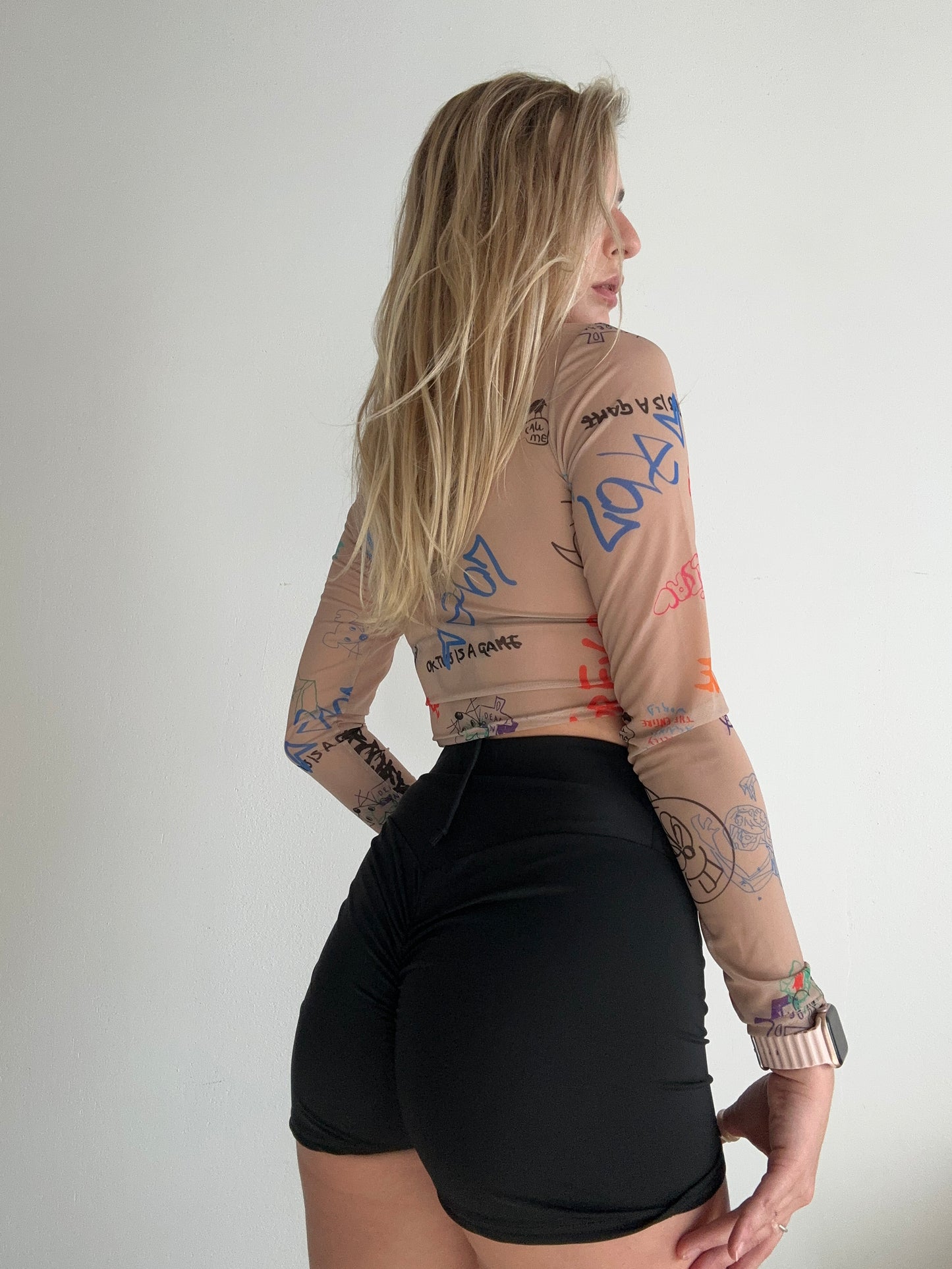 Beige Mesh Long Sleeve Crop Top