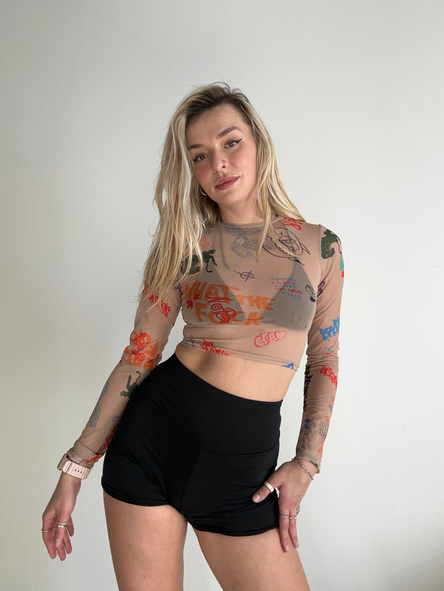 Beige Mesh Long Sleeve Crop Top