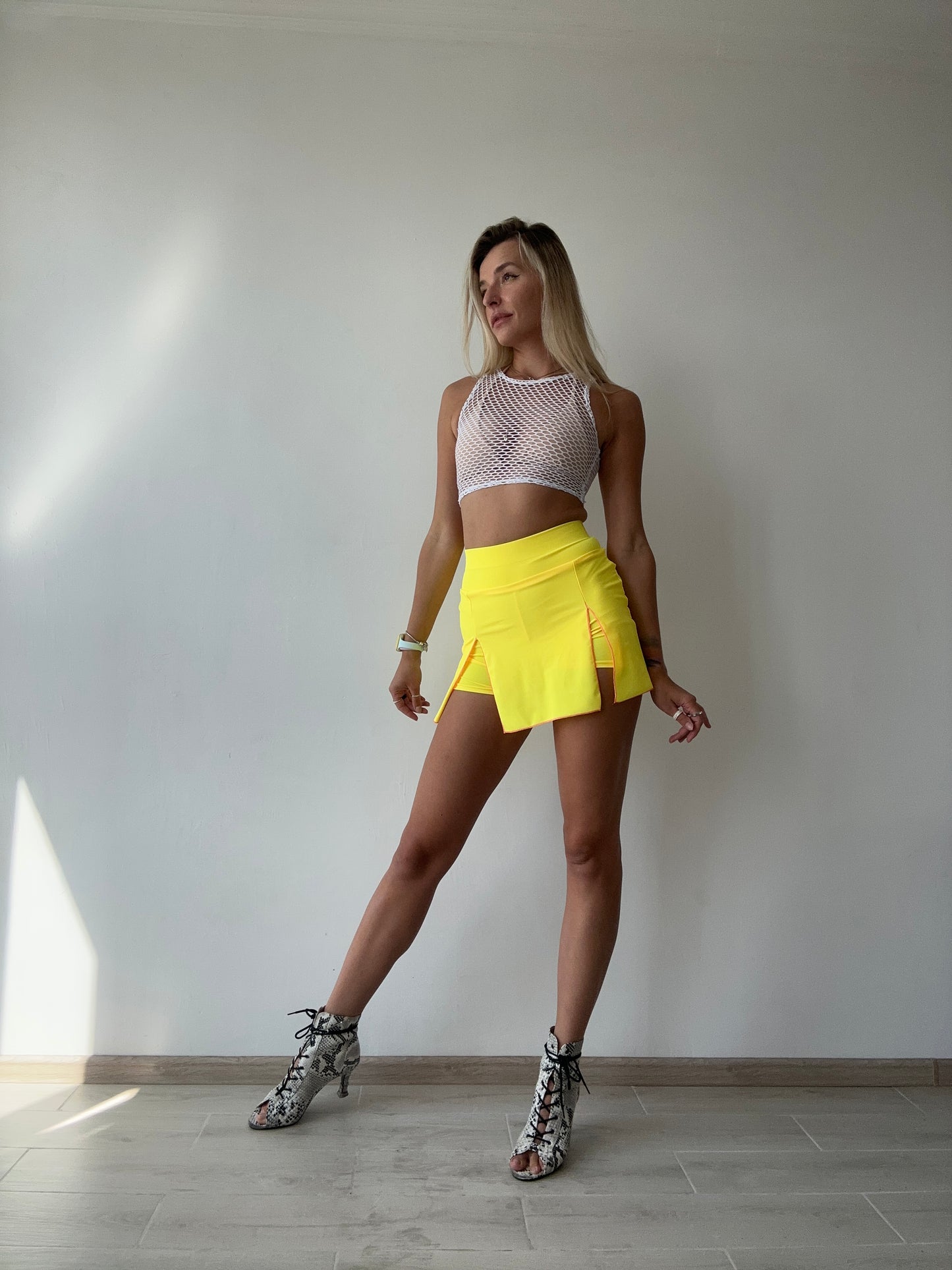 Yellow Mini Skort with Pink Stitching