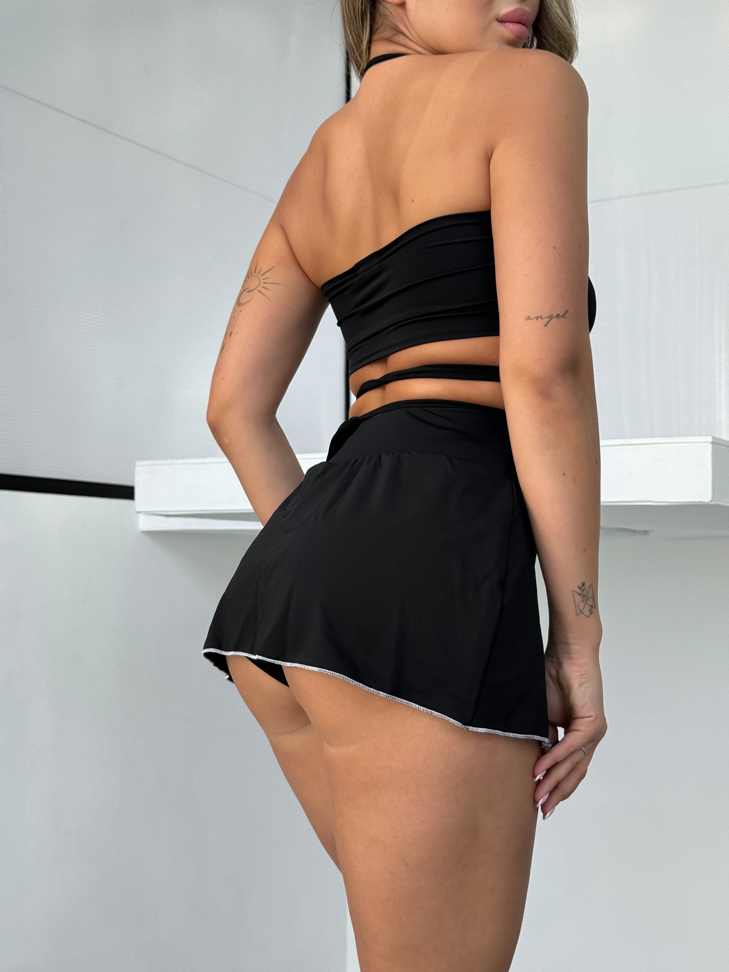 Black Mini Skort with White Stitching