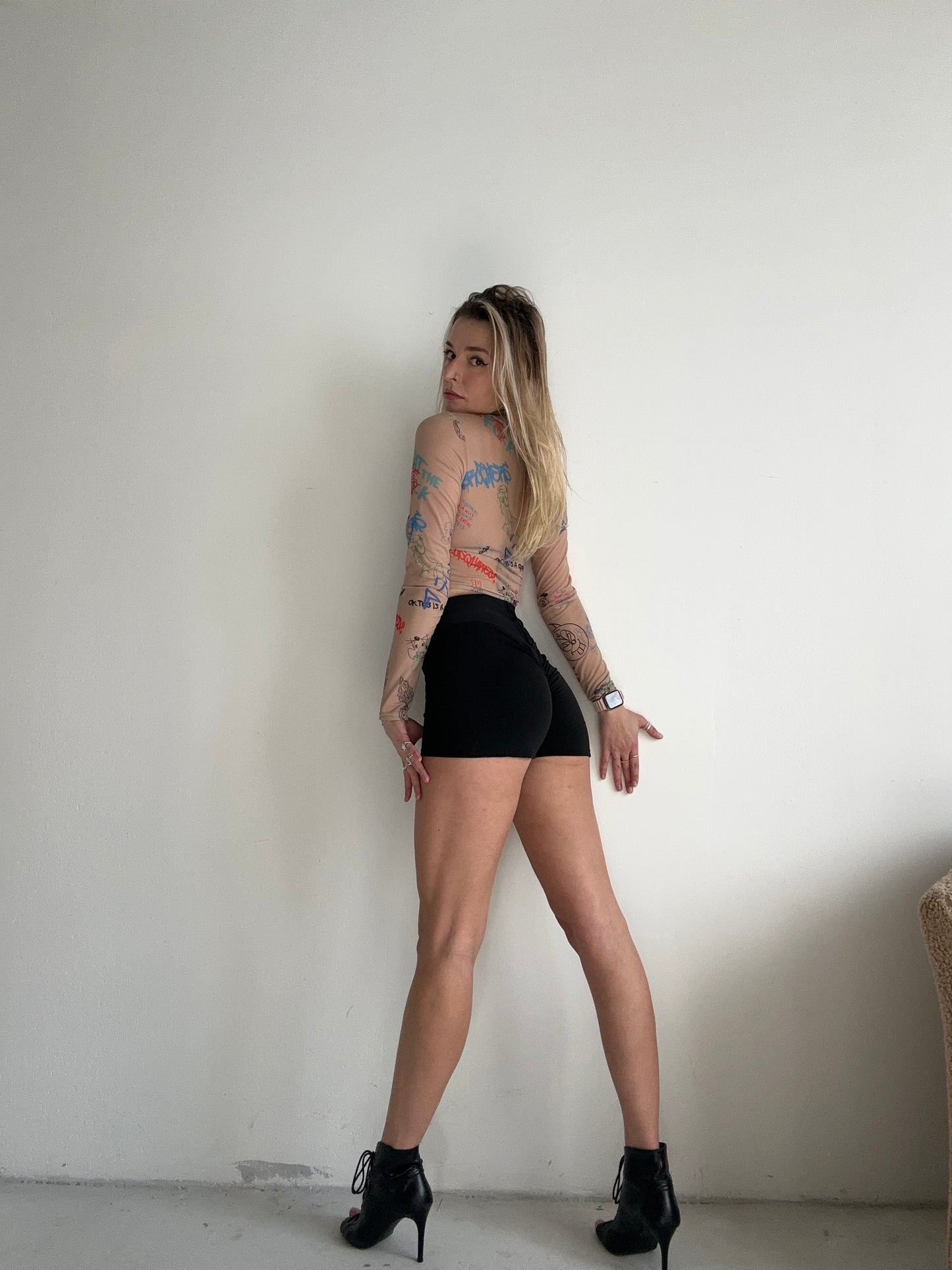 Beige Mesh Long Sleeve Crop Top