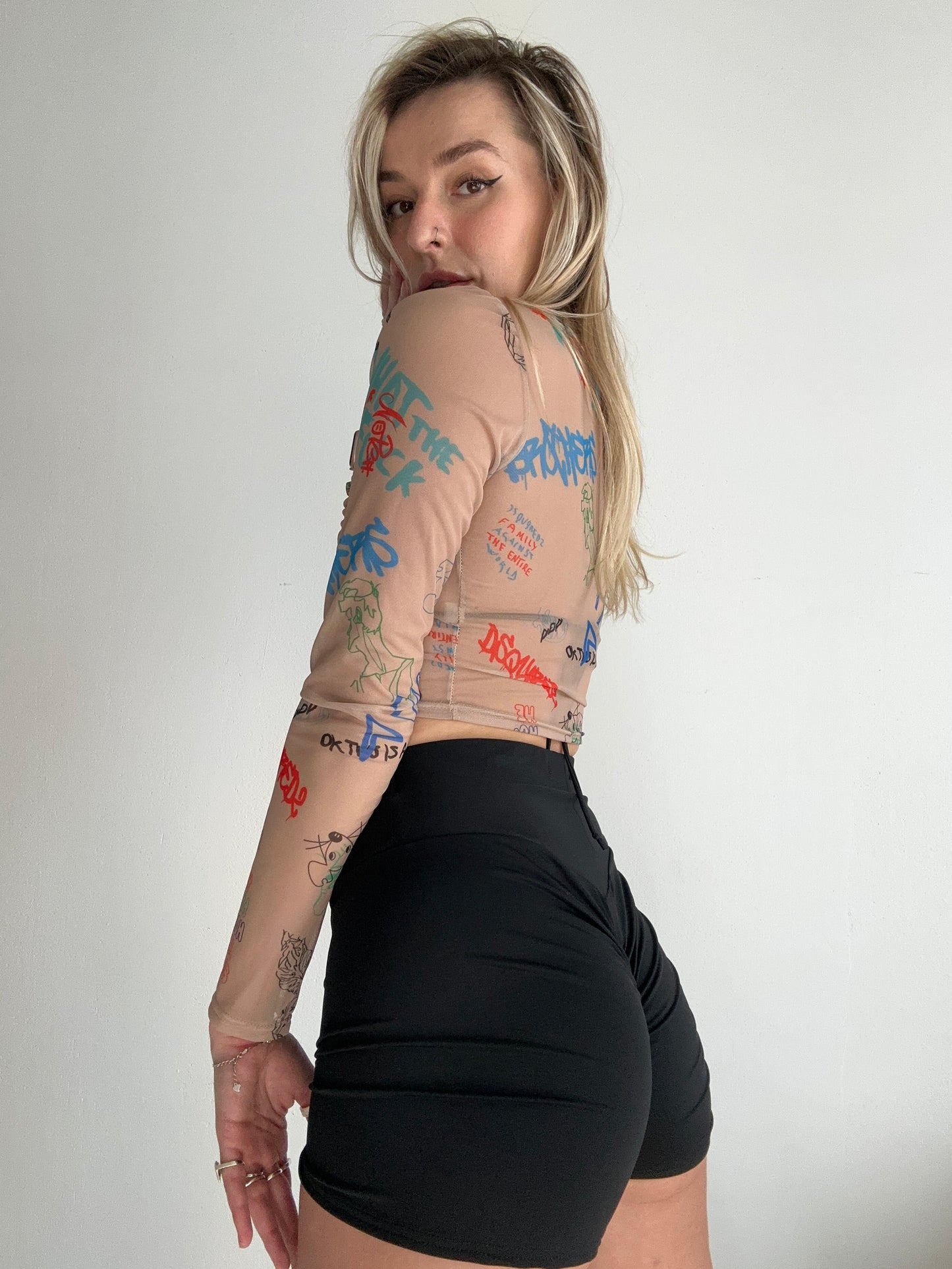 Beige Mesh Long Sleeve Crop Top