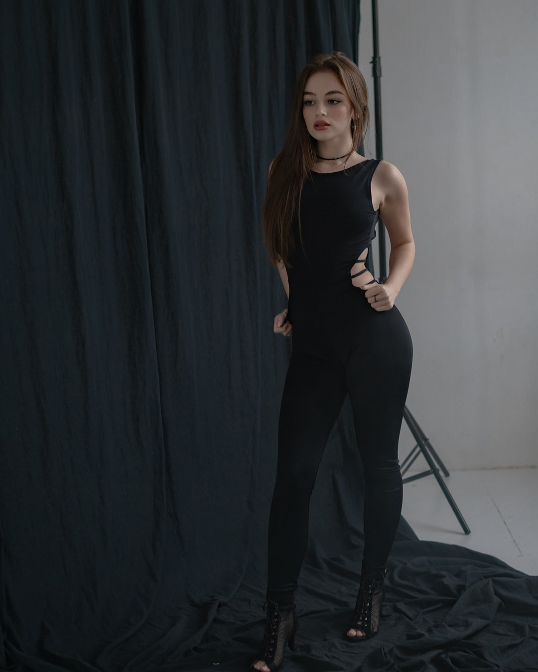 Black Sleeveless Stretch Leggins Backless Catsuit