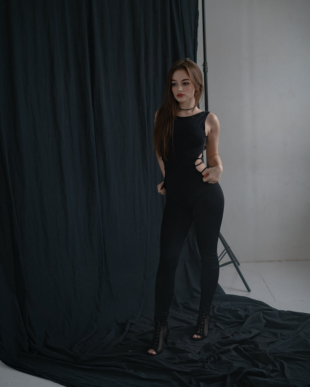 Black Sleeveless Stretch Leggins Backless Catsuit