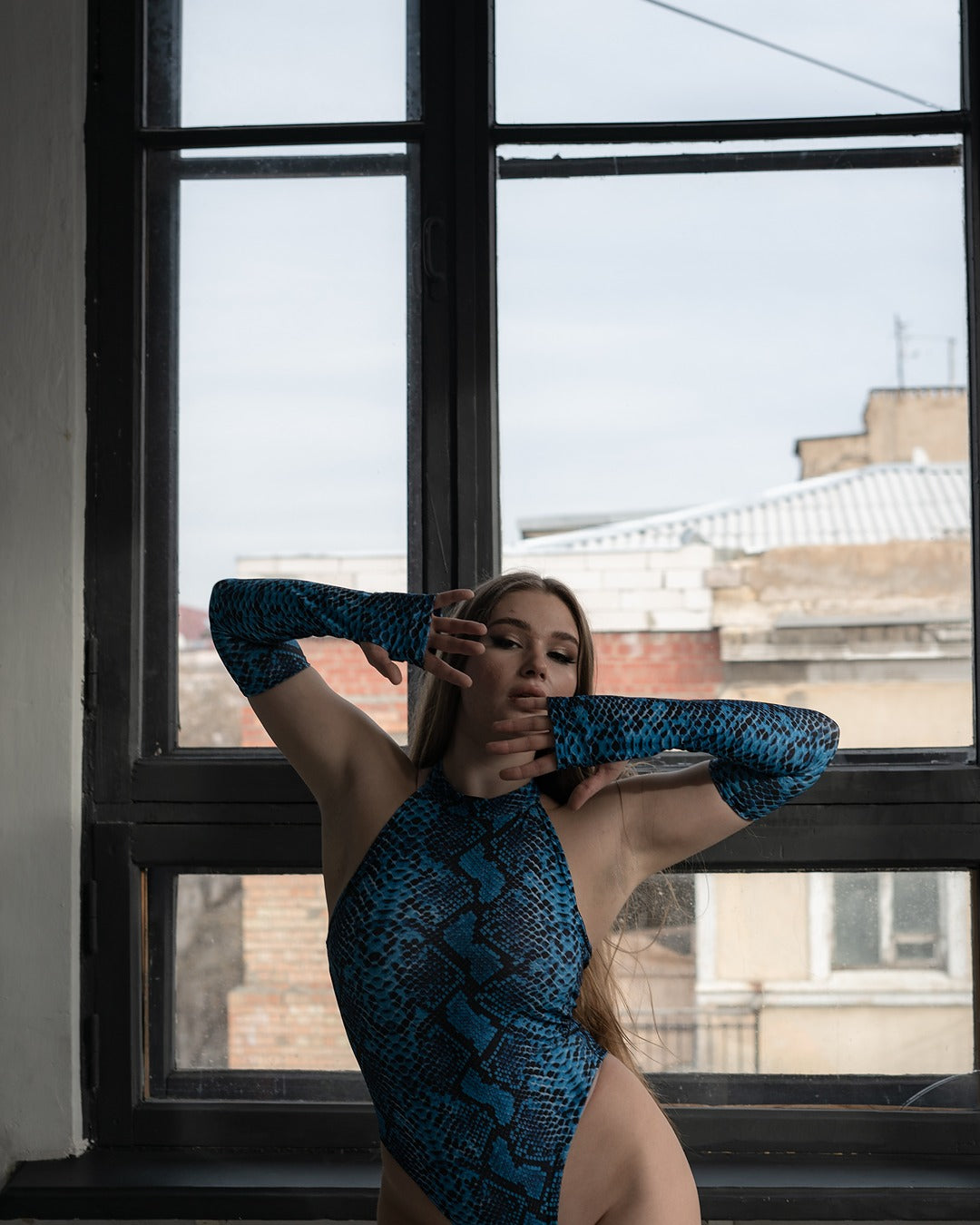 Blue Snake Print Bodysuit with Gloves