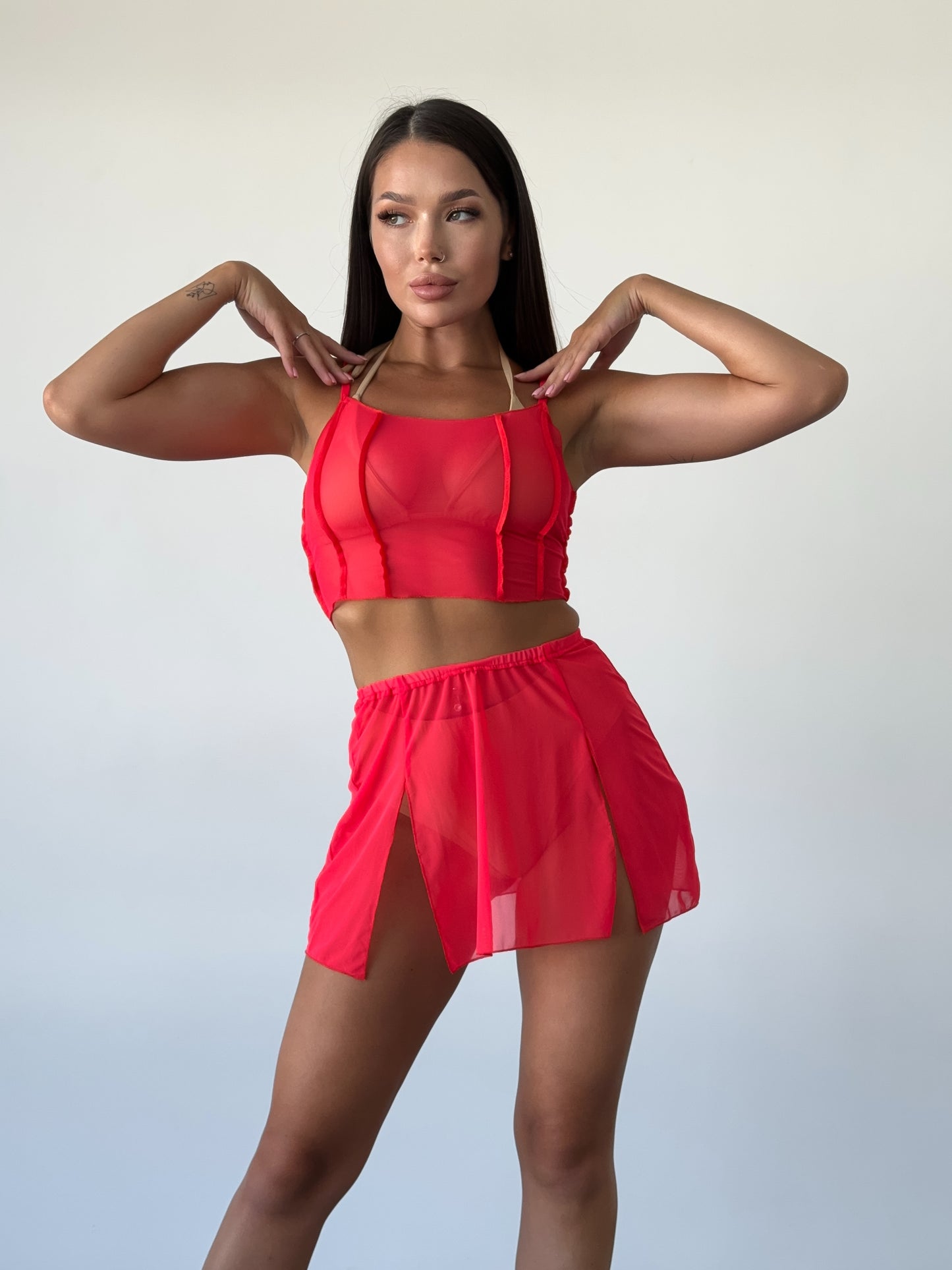 Red Mesh Strappy Crop Top