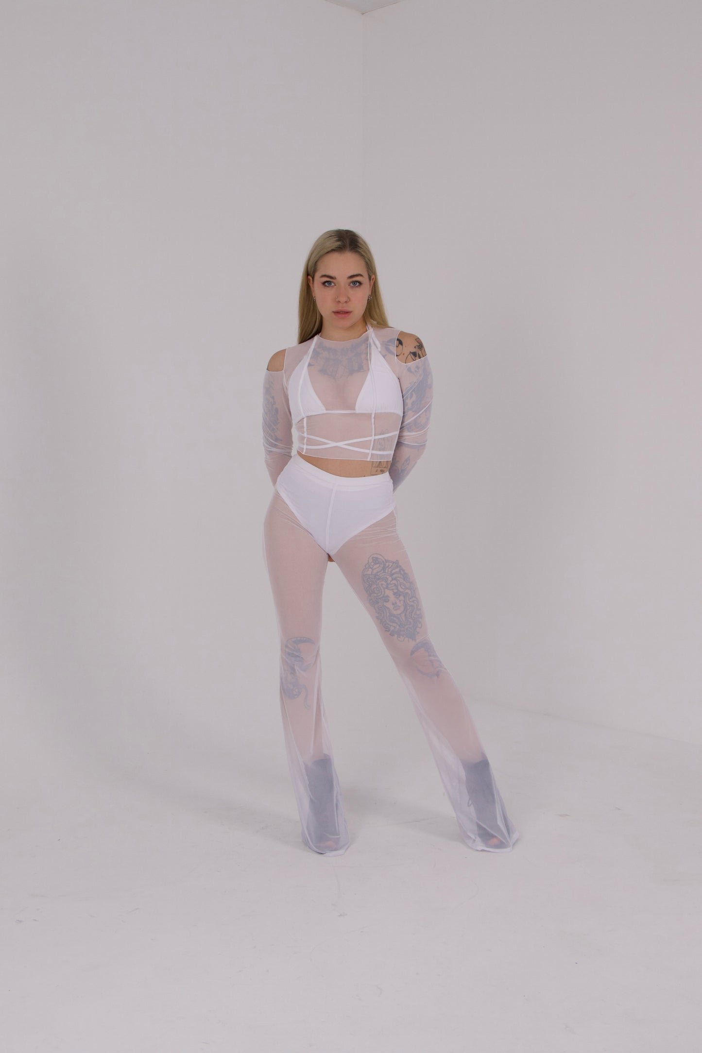 White Mesh Flared Pants