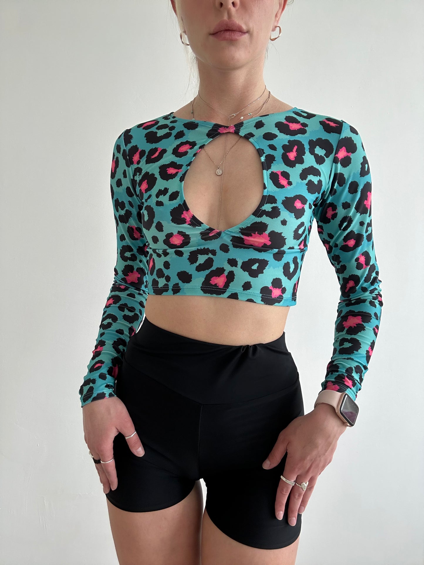 Blue Leopard Print Cut Out Crop Top