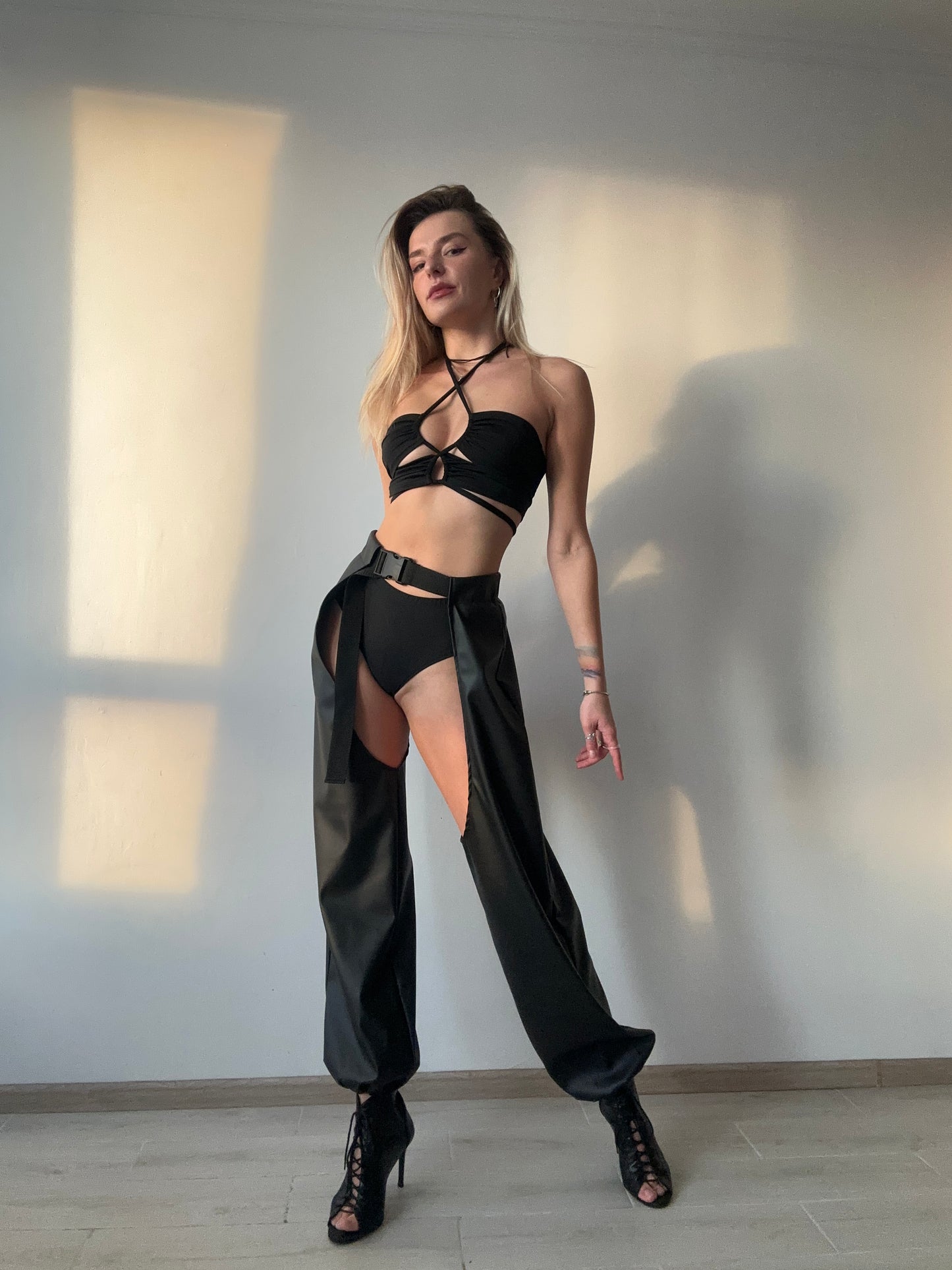 Black Leather Cut Out Pants