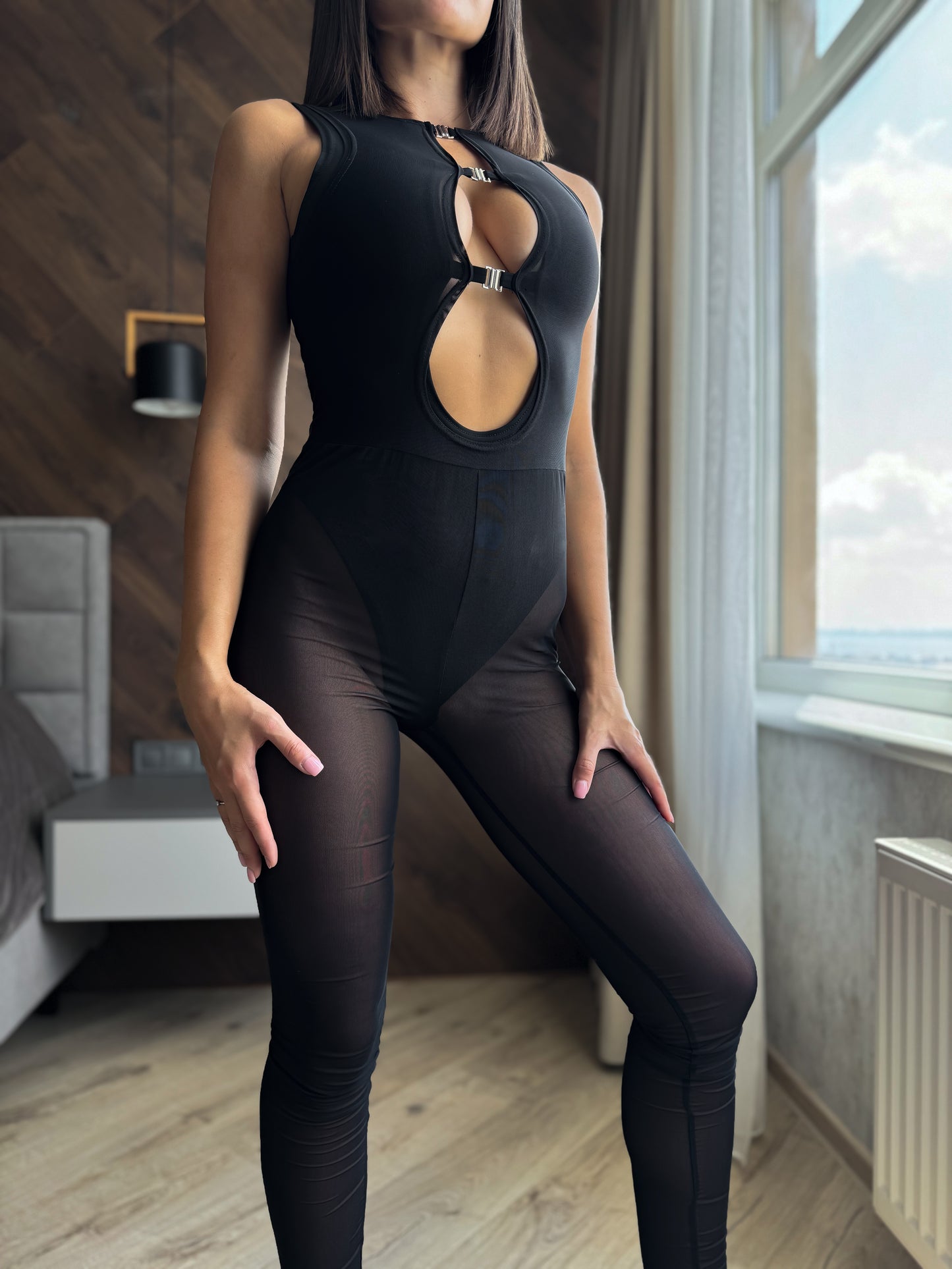 Black Mesh Sleeveless Leggins Jumpsuit
