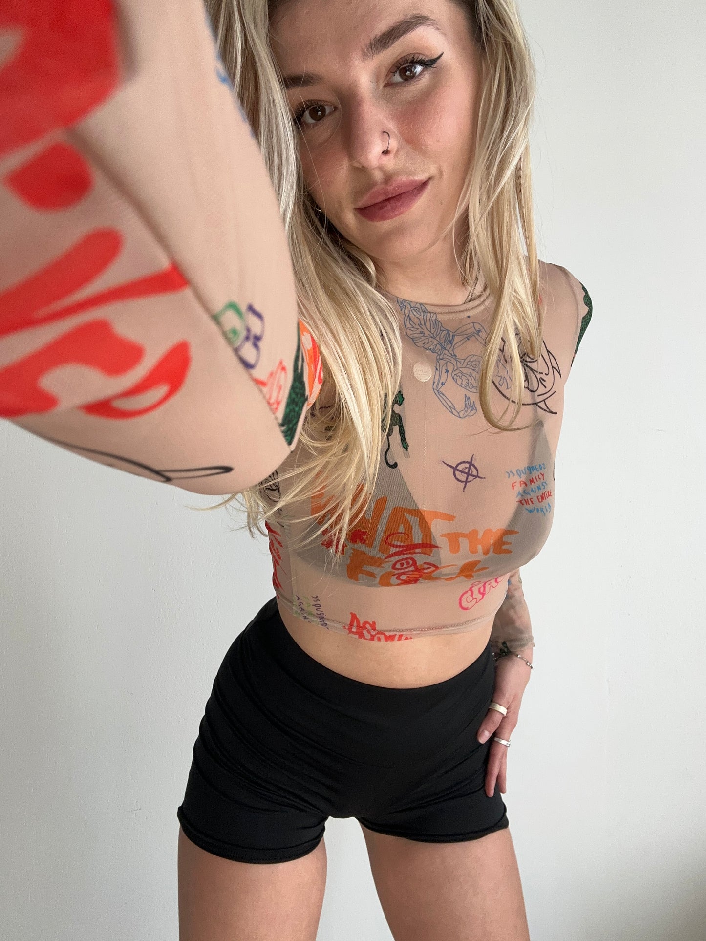 Beige Mesh Long Sleeve Crop Top